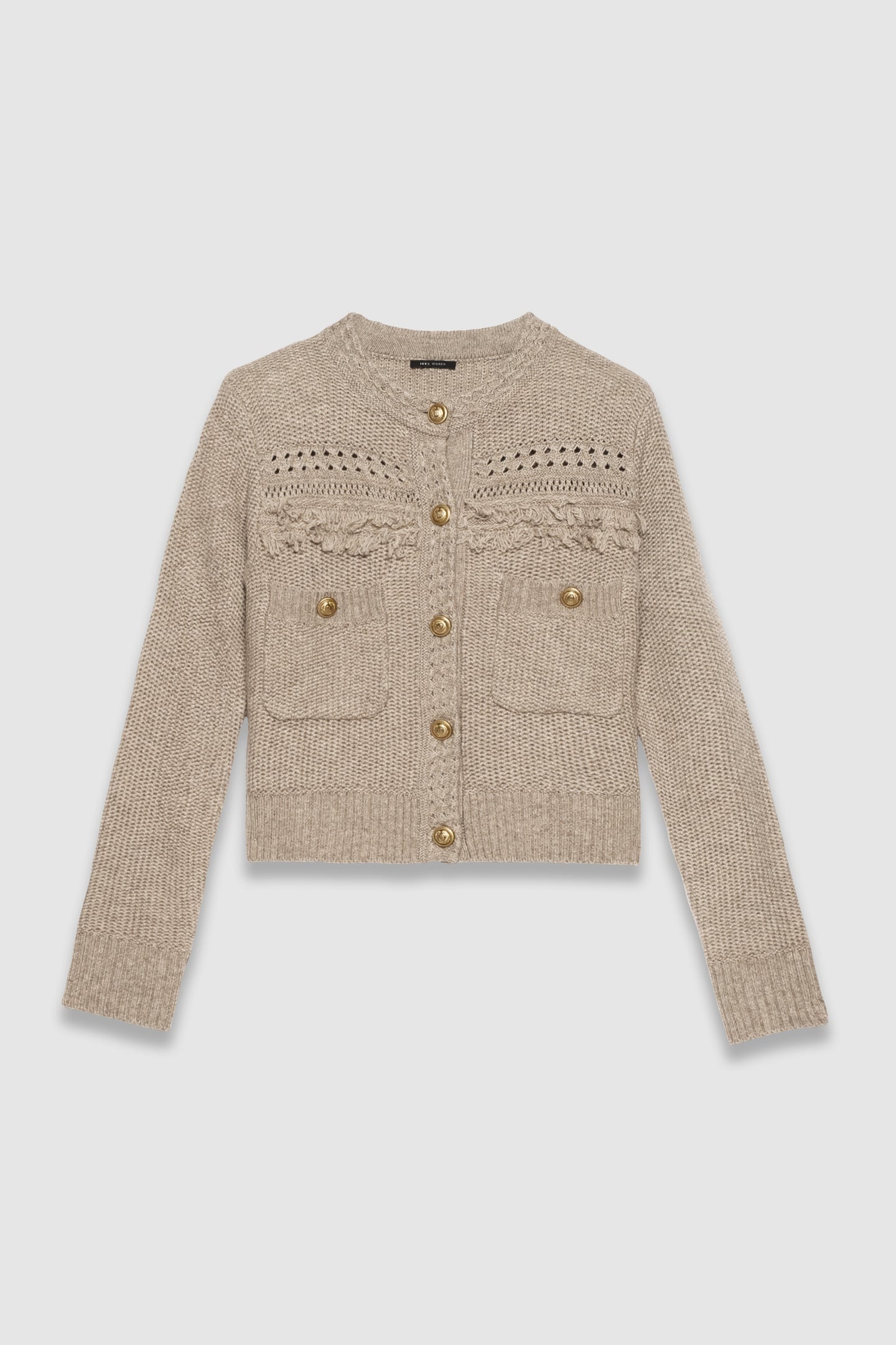 BEIGE KNIT CARDIGAN, FRINGED DETAILS, GOLD BUTTONS 4