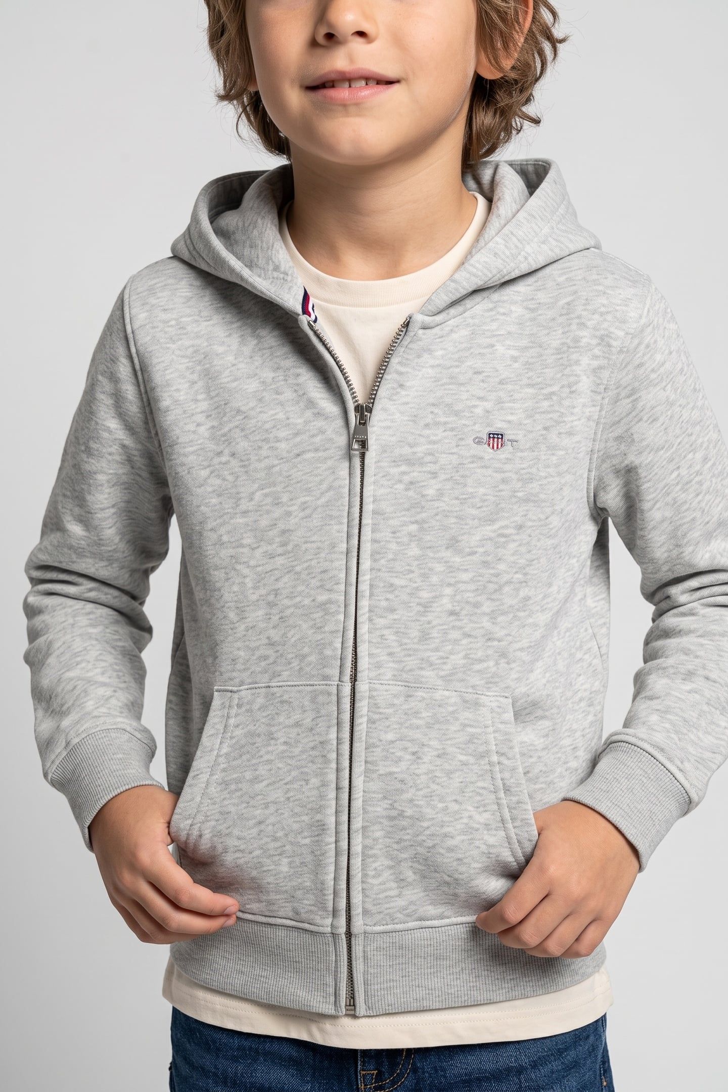 TEEN UNISEX SHIELD ZIP HOODIE LIGHT GREY MELANGE 1