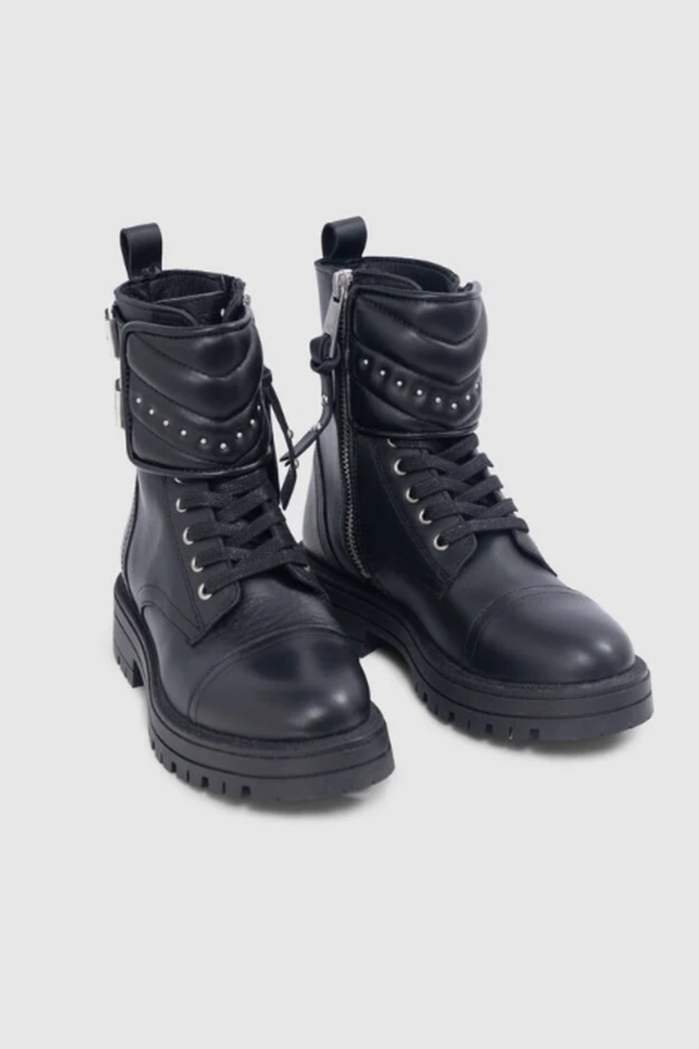 GIRLS’ BLACK LEATHER STORY STUDDED LEATHER COMBAT BOOTS 2
