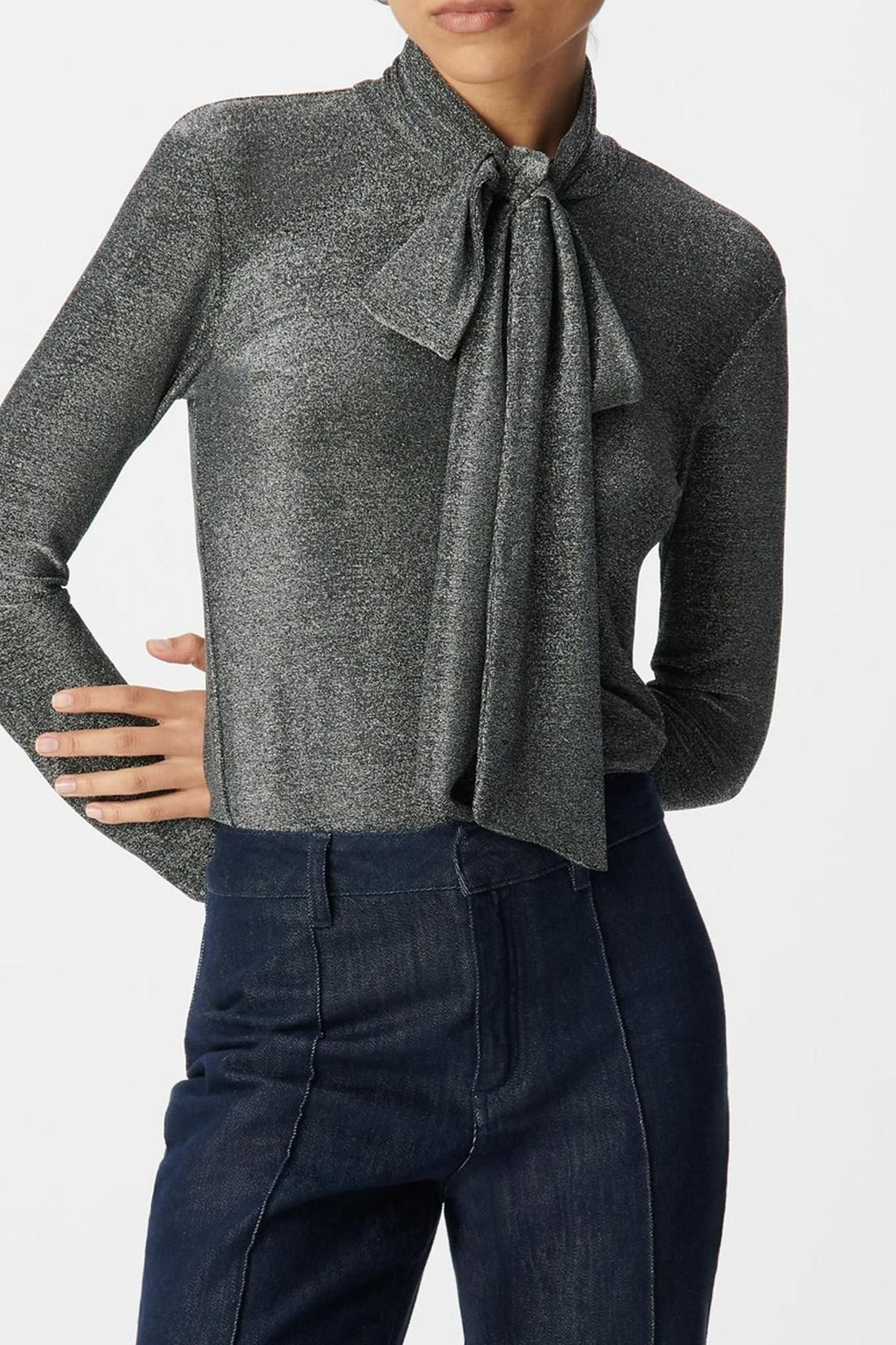 SILVER LUREX KNIT T-SHIRT WITH NECK TIE 1