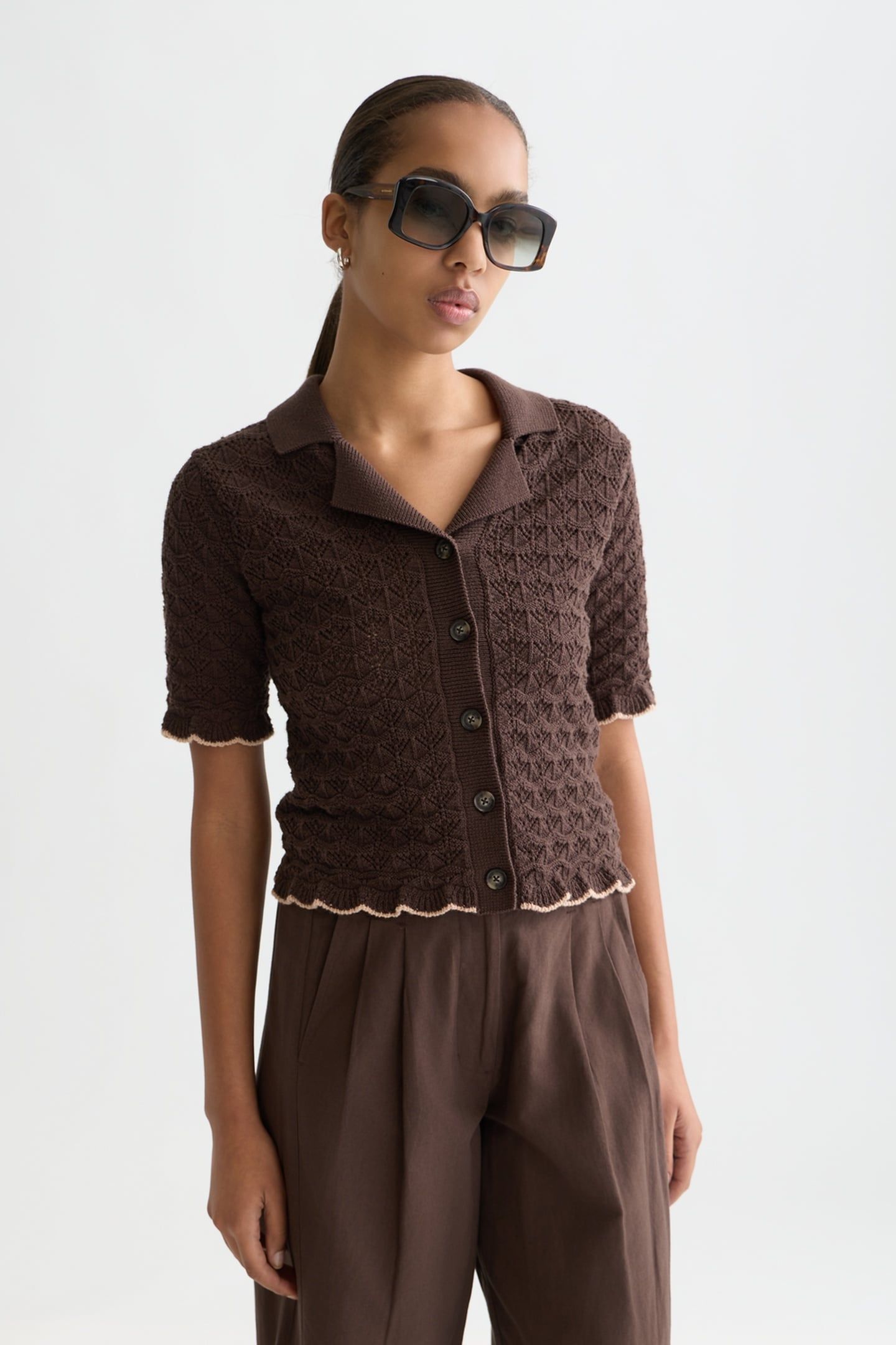 POINTELLE SHORT SLEEVE CARDIGAN HOT FUDGE 1