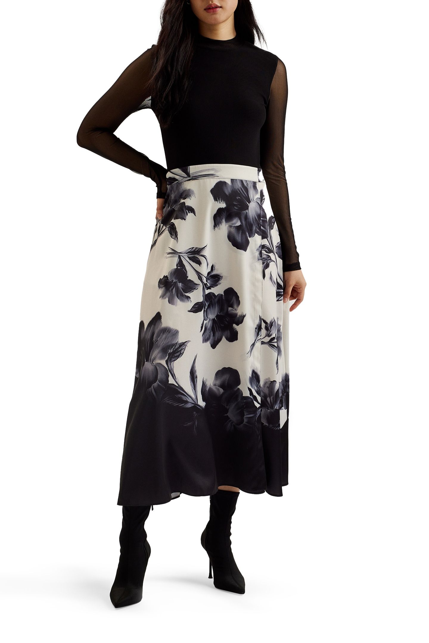 SELNAA MESH TOP PRINTED SKIRT MIDI BLACK 1