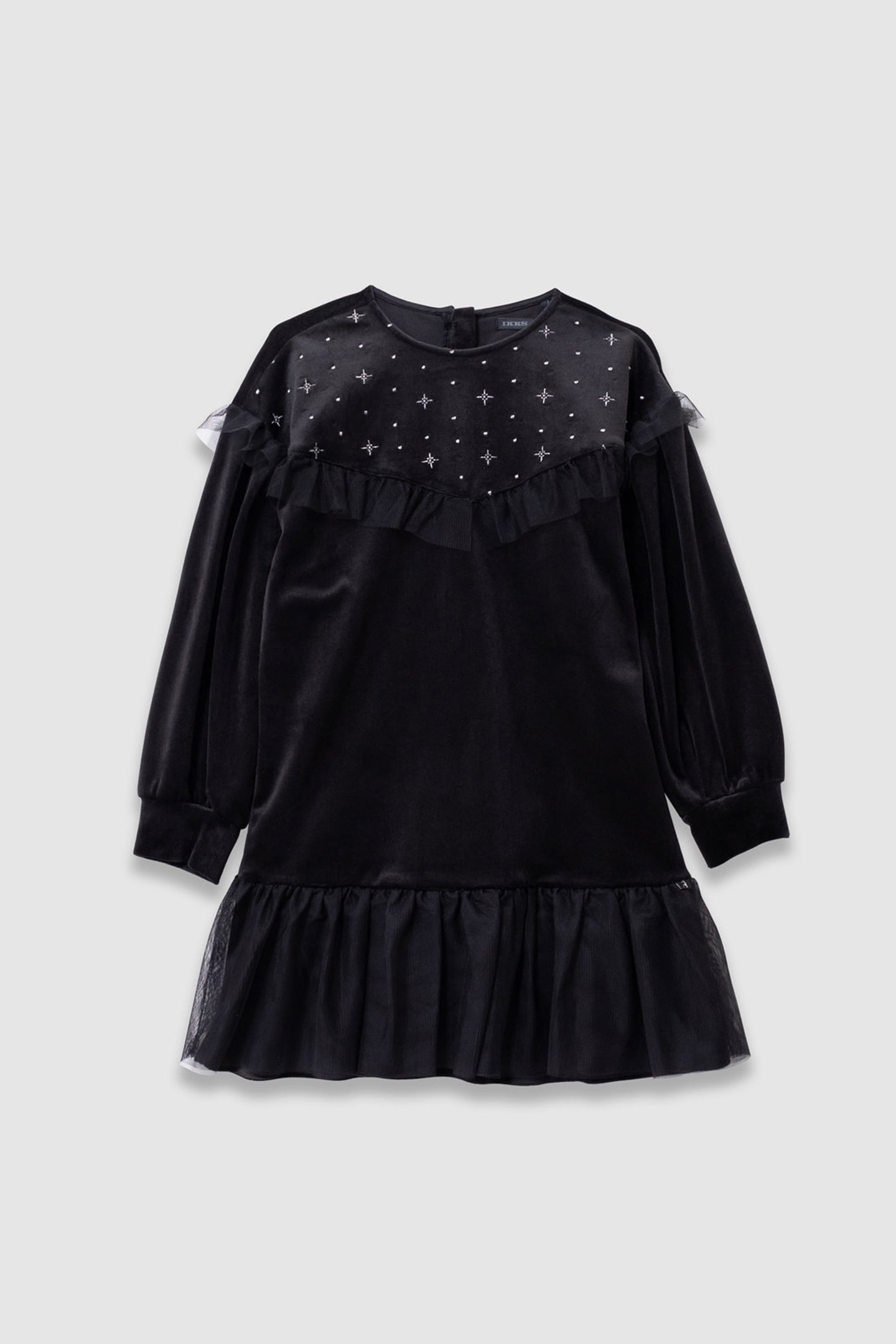 GIRLS’ BLACK EMBROIDERED VELVET DRESS WITH TULLE RUFFLES 1