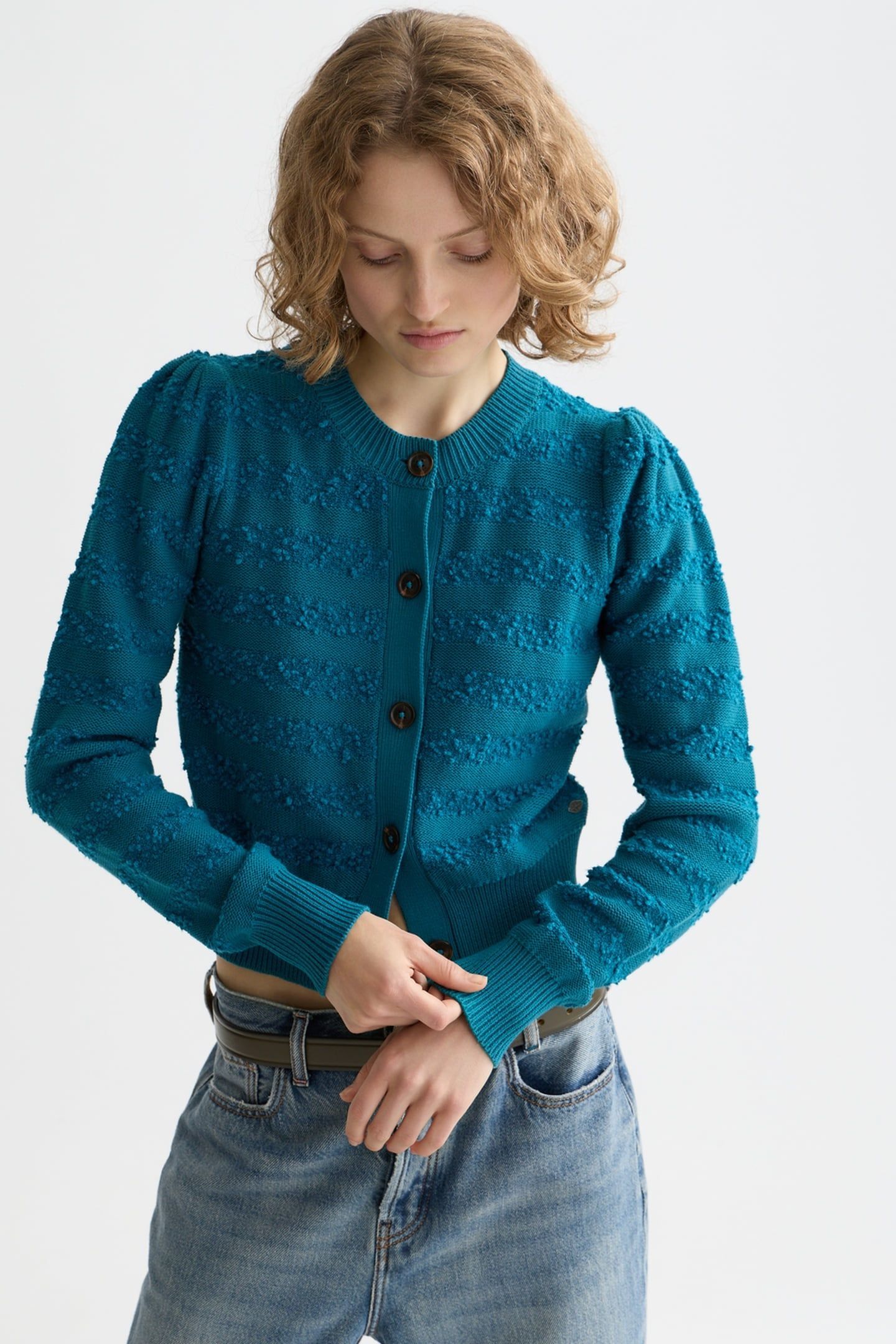BOUCLÉ STRIPE CREW NECK CARDIGAN DEEP LAGOON 6