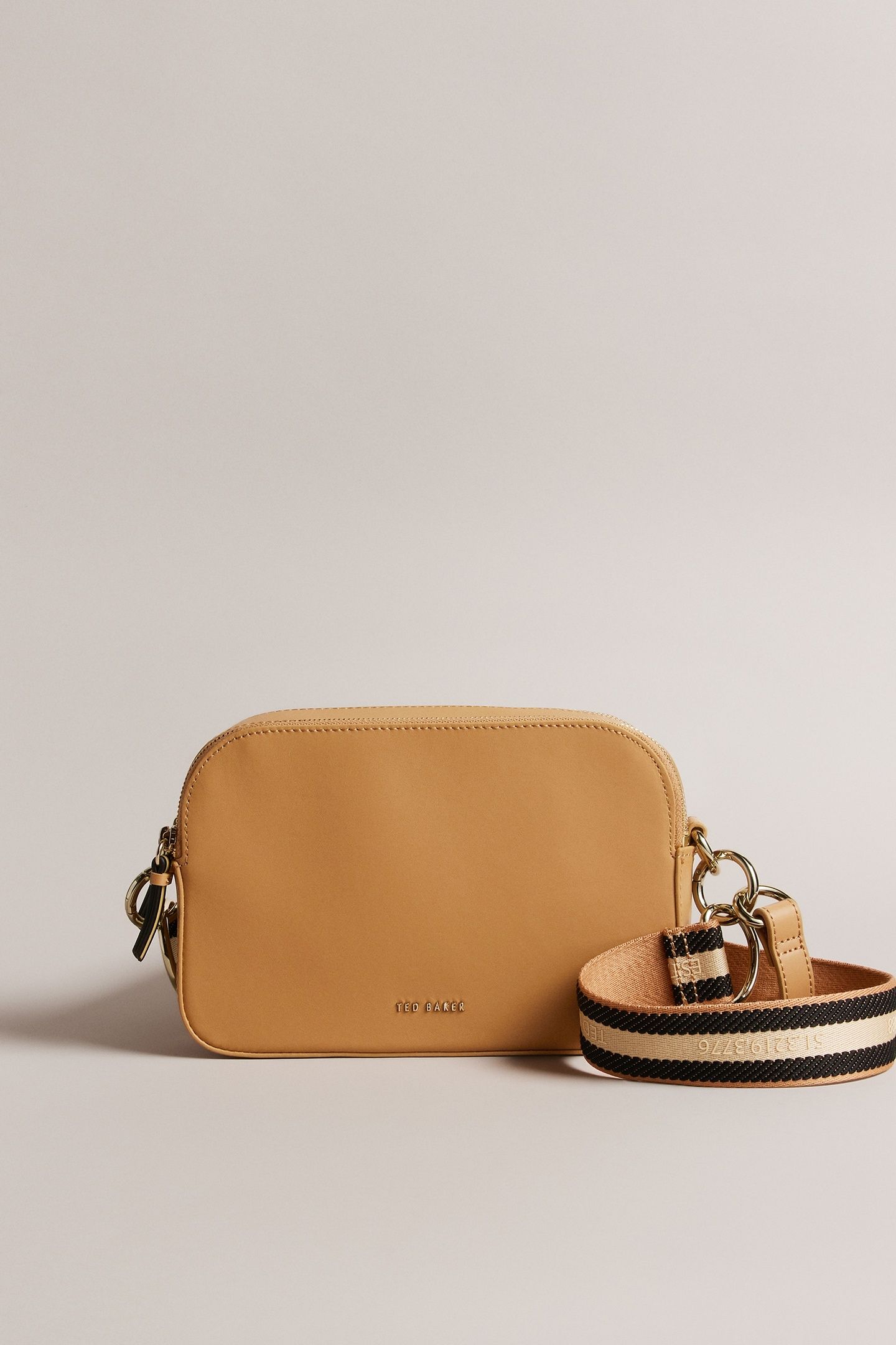 BRANDED WEBBING LEATHER CAMERA BAG TAUPE 1