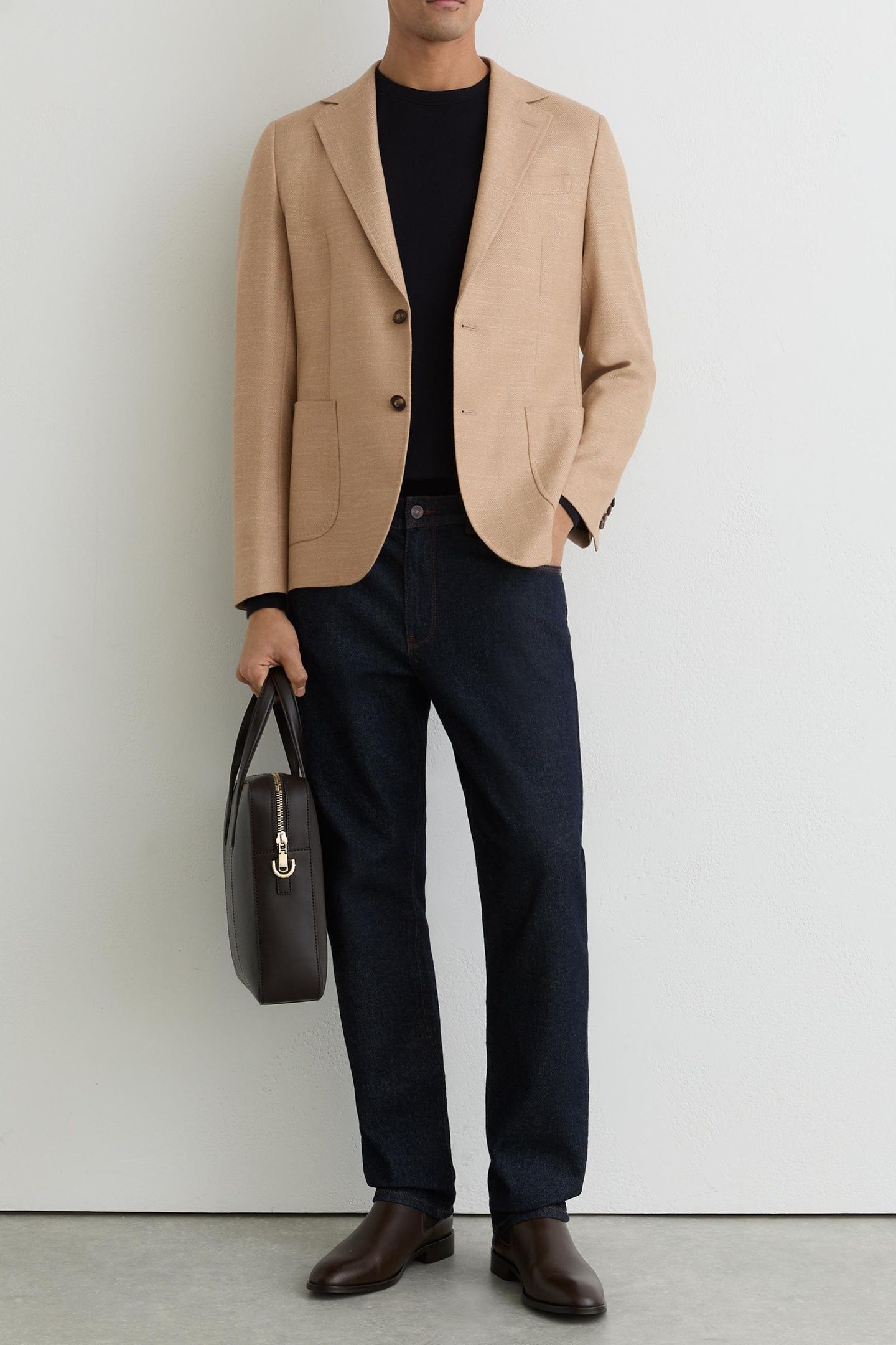 SB HERRINGBONE SUEDE INSERT GILET BLAZER CAMEL 1