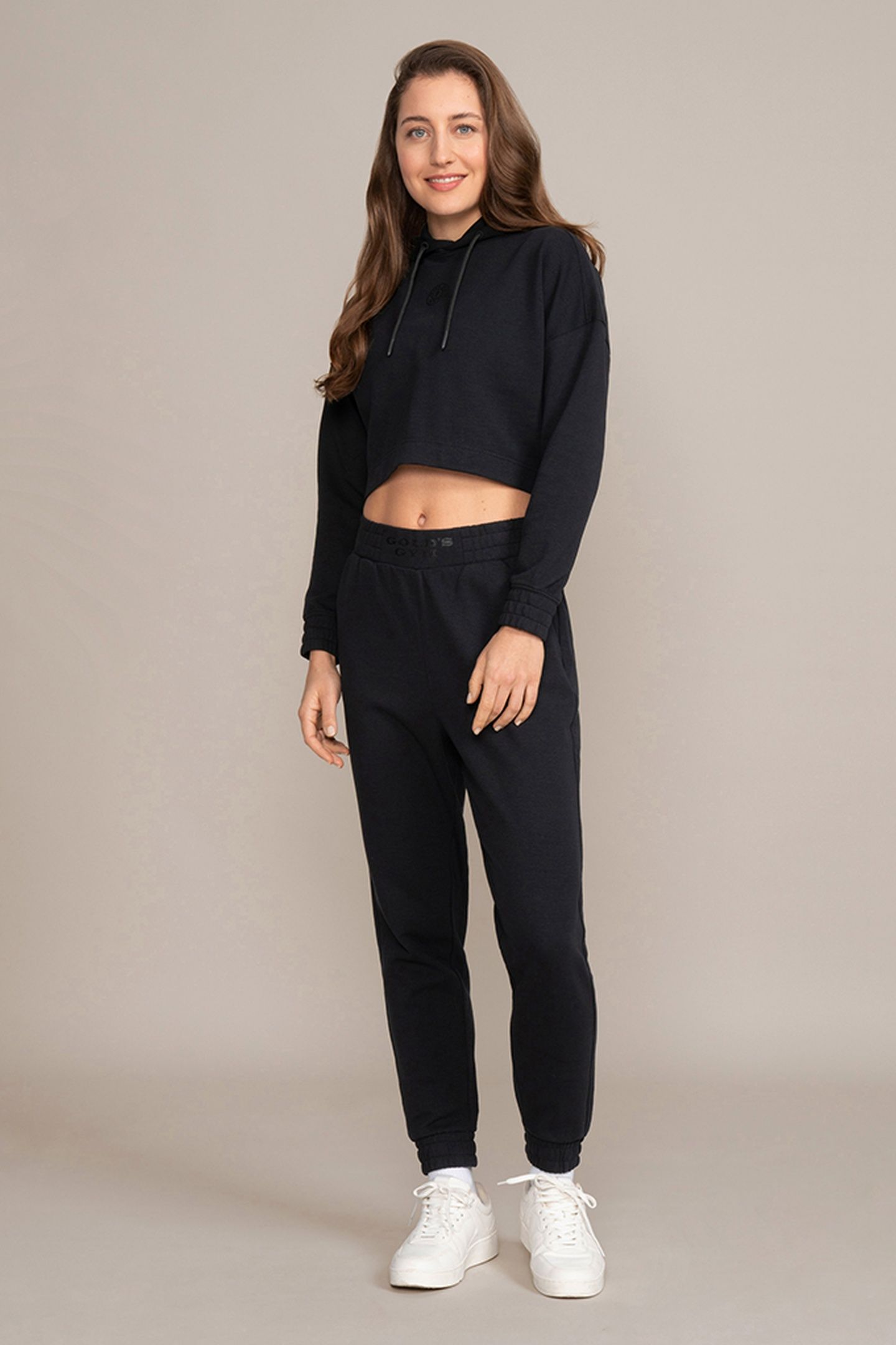 LADIES CROPPED HOODIE RUBBER PRINT BLACK 1