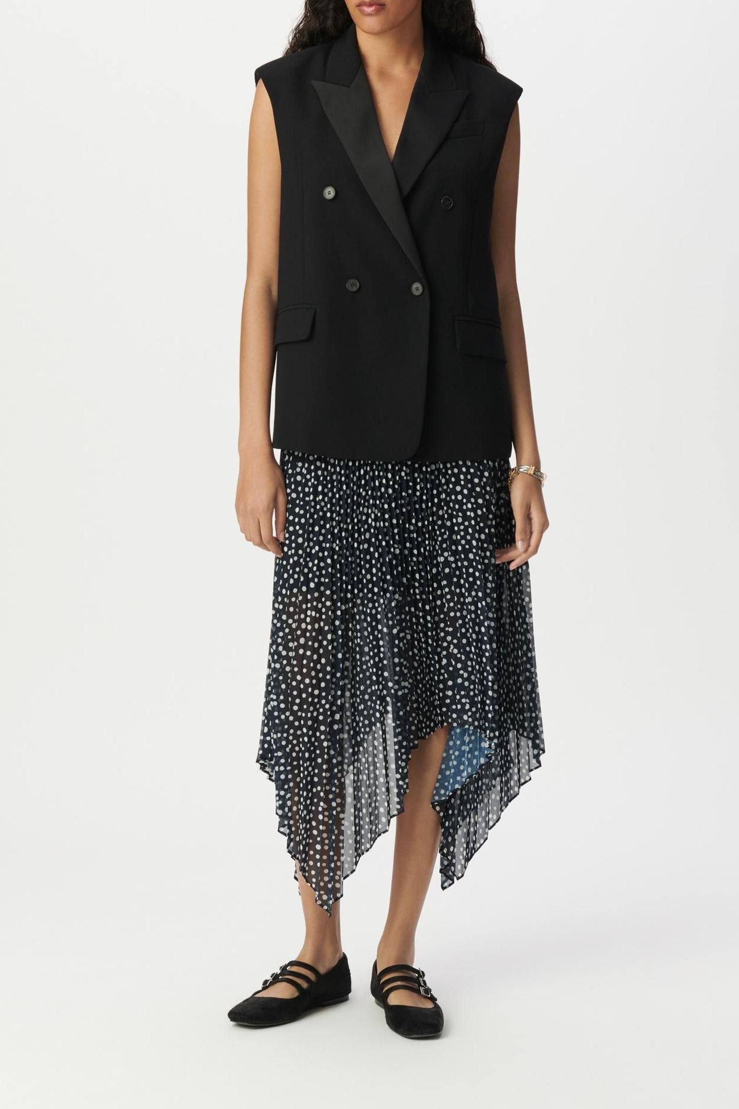 NAVY POLKA DOT PRINT PLEATED LONG SKIRT 3