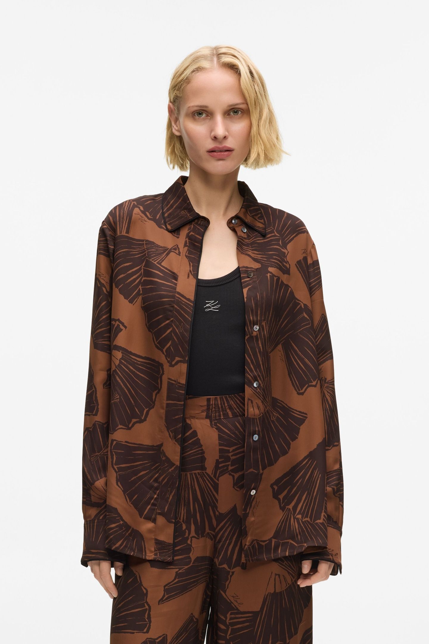 PRINTED FLUID BLOUSE GRAPHIC FAN FRIAR BROWN 1