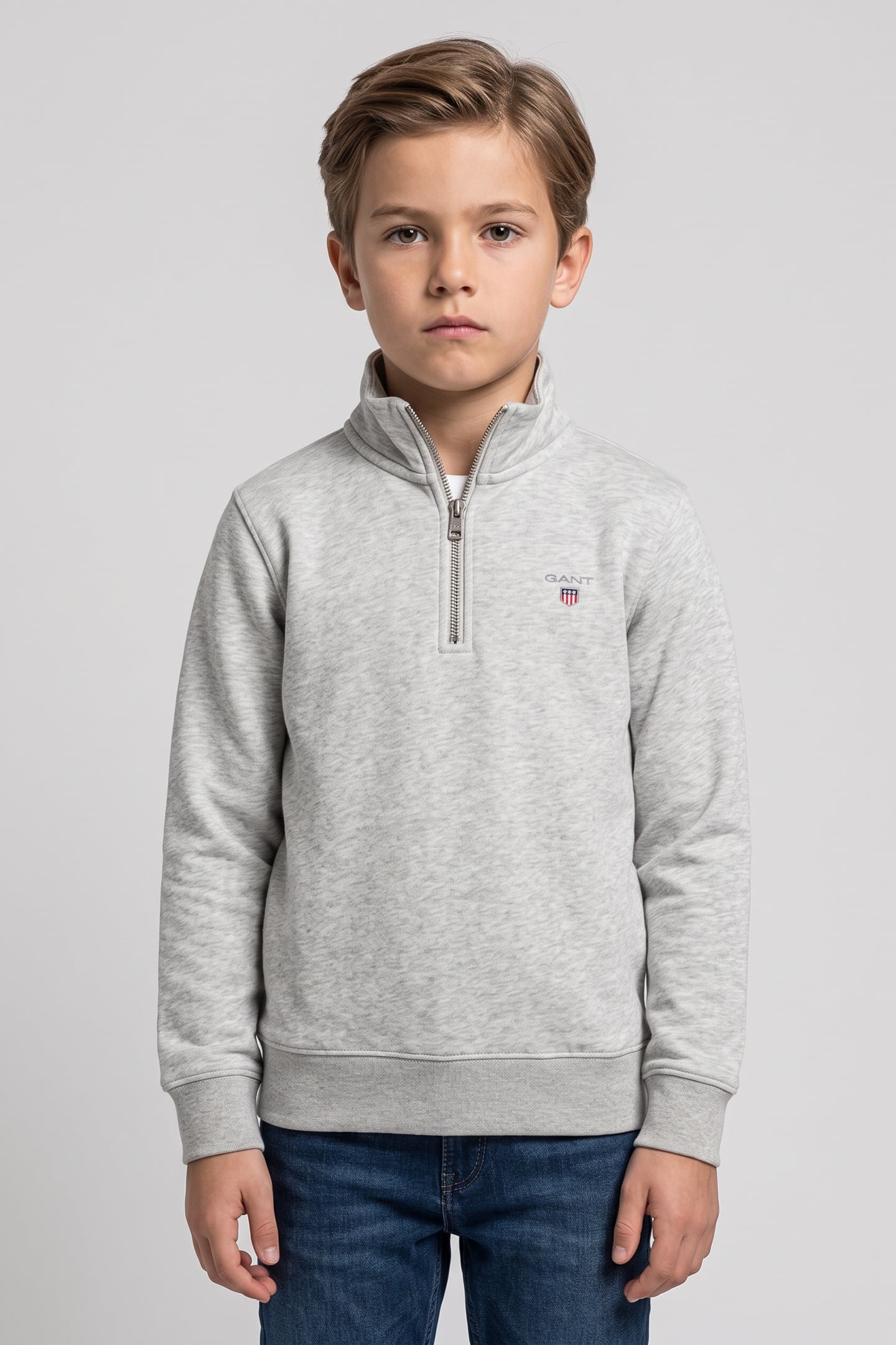 TEEN UNISEX SHIELD HALF ZIP SWEATSHIRT LIGHT GREY MELANGE 1