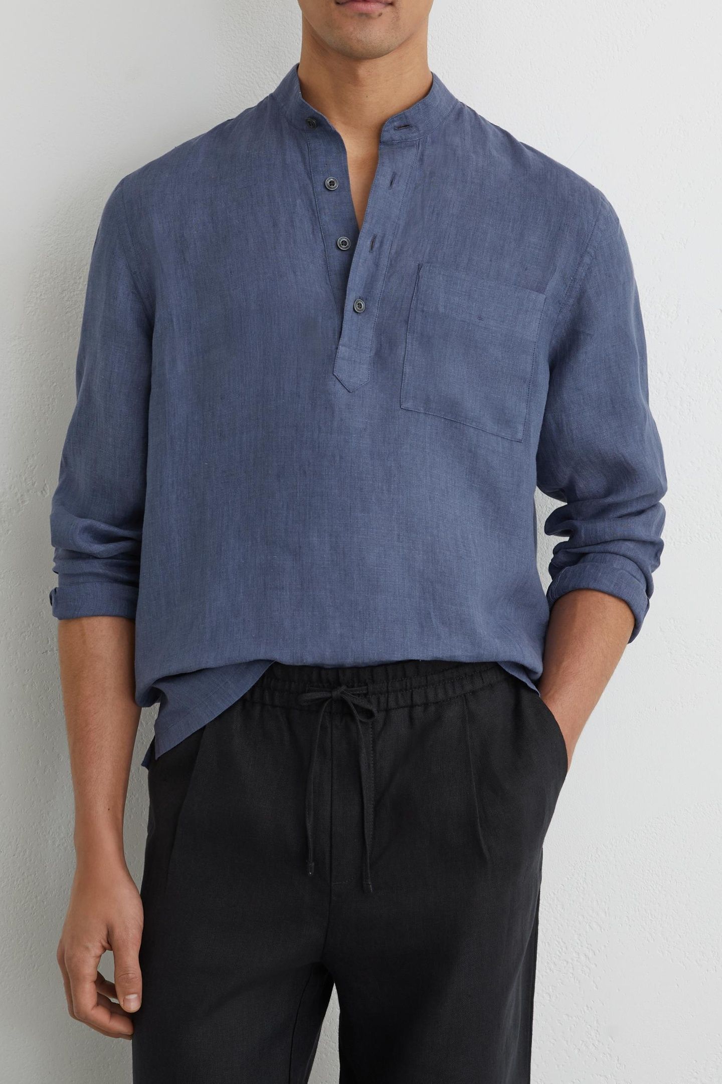 LS HALF BUTTON GRANDAD LINEN SHIRT DENIM BLUE 1