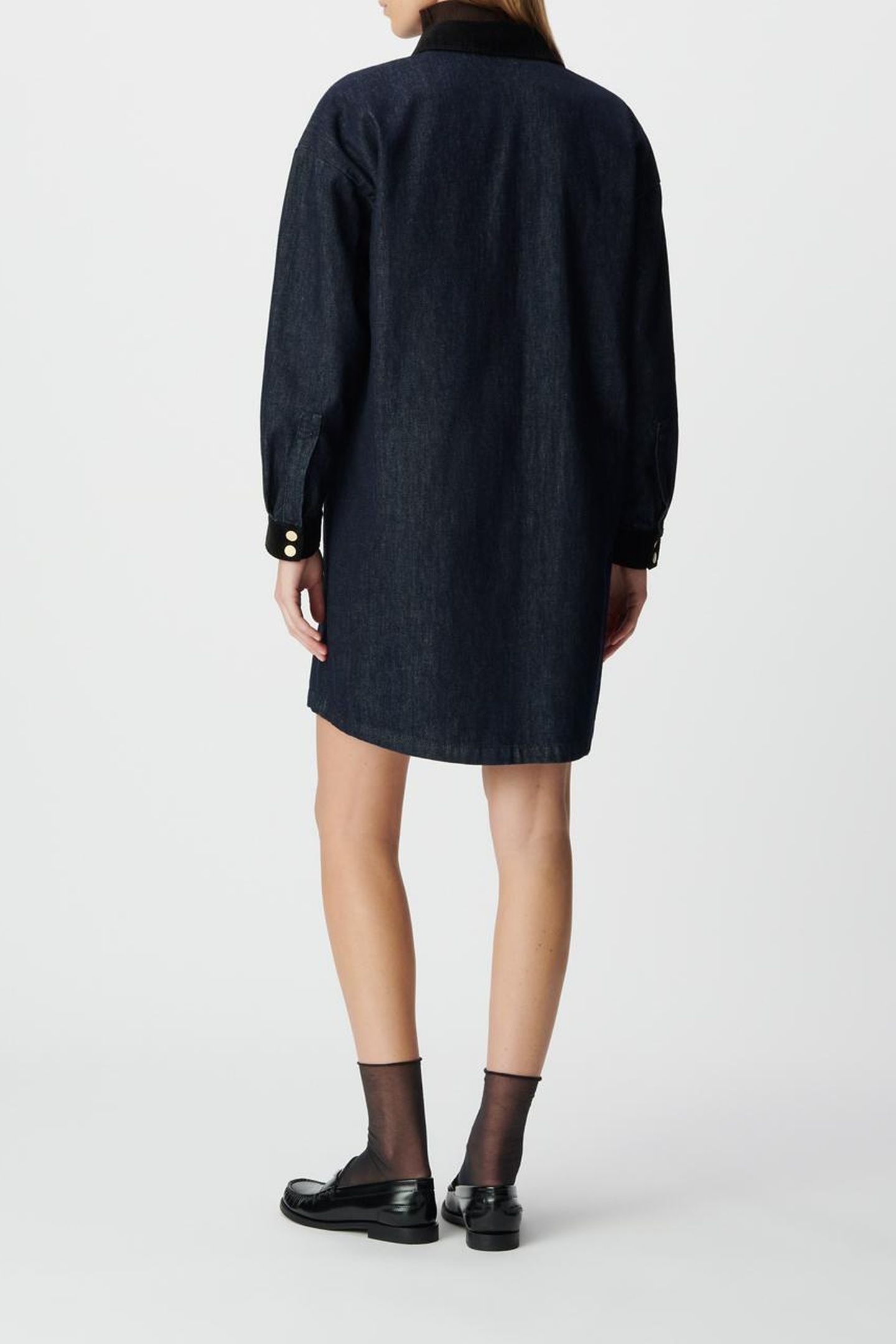 BLUE DENIM SHIRT DRESS, VELVET COLLAR AND CUFFS 2