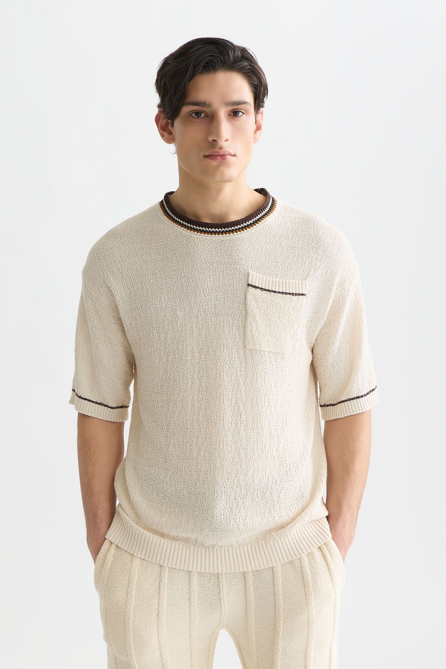 KNITTED COTTON LINENBLEND RELAXEDFIT TSHIRT LIGHT BEIGE 1