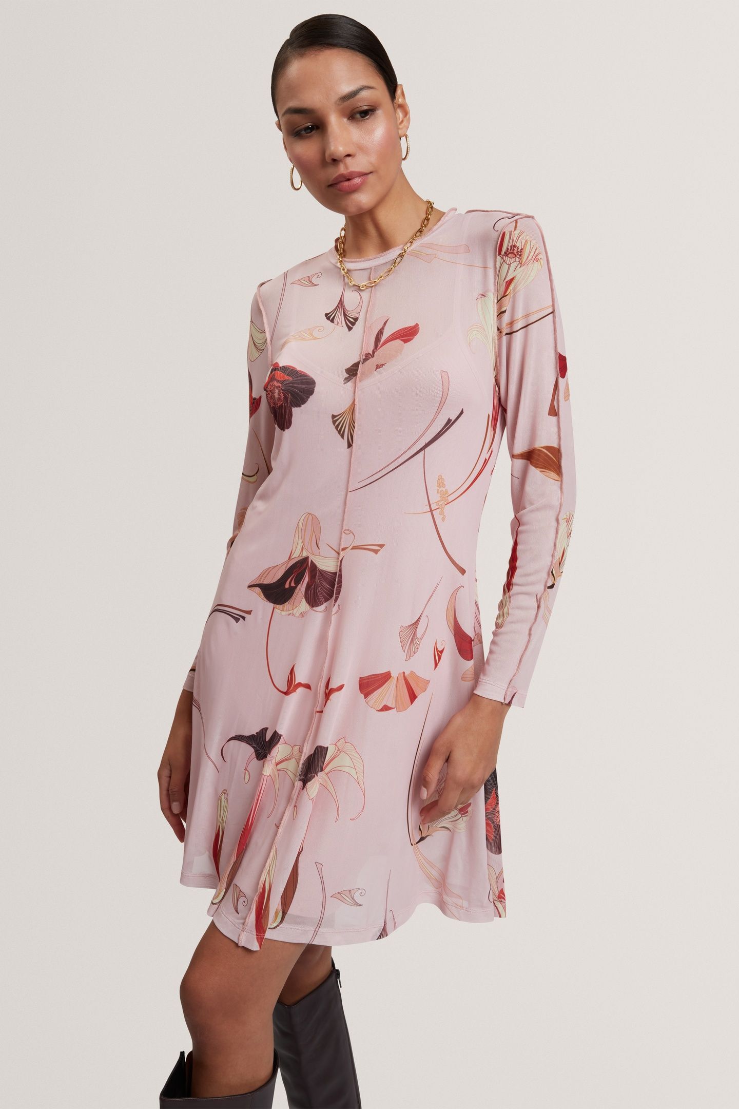 MESH LONG SLEEVE MIDI DRESS PINK 1