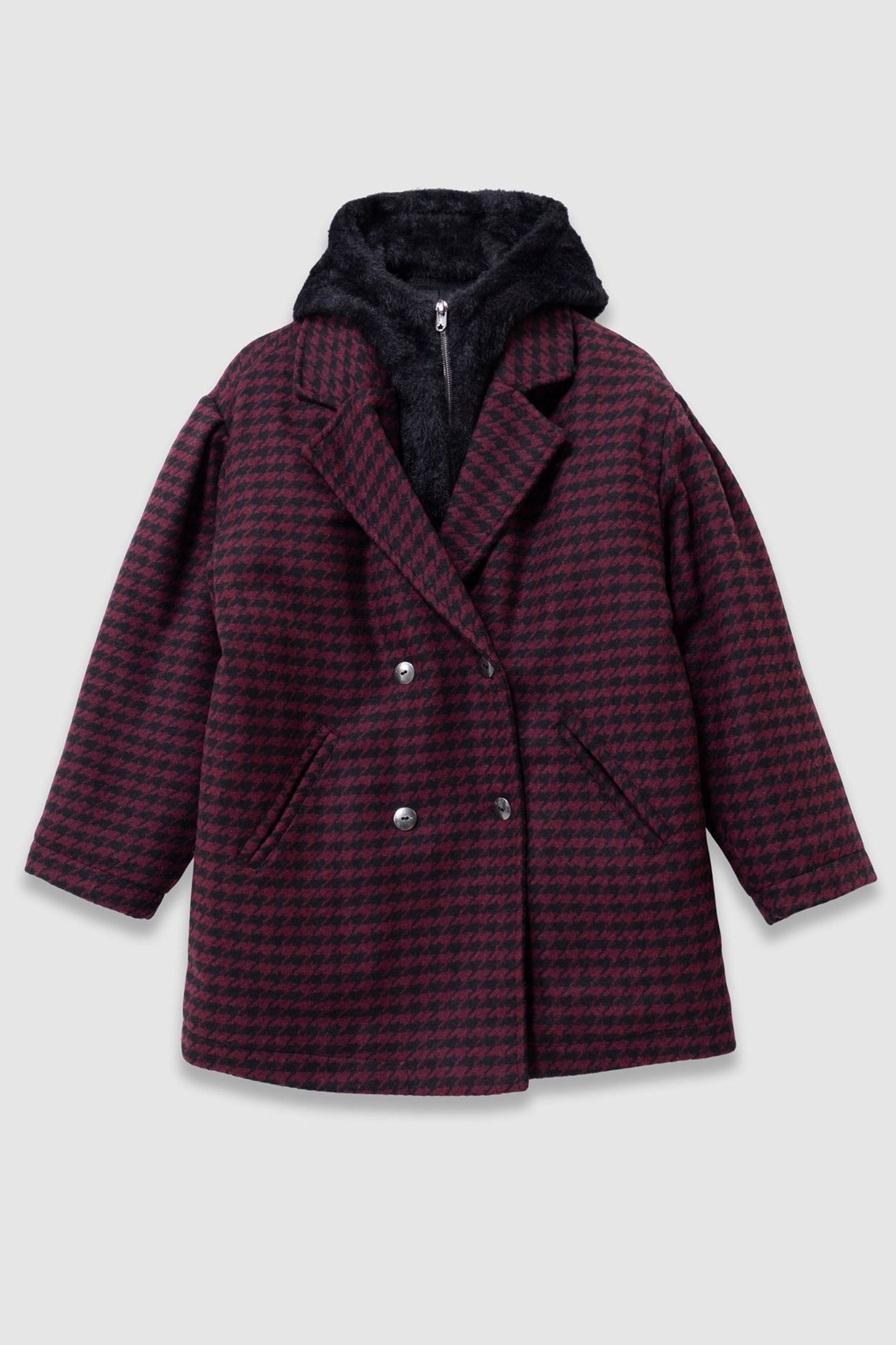 GIRLS’ BLACK CHECK COAT WITH HOODED FACING 3
