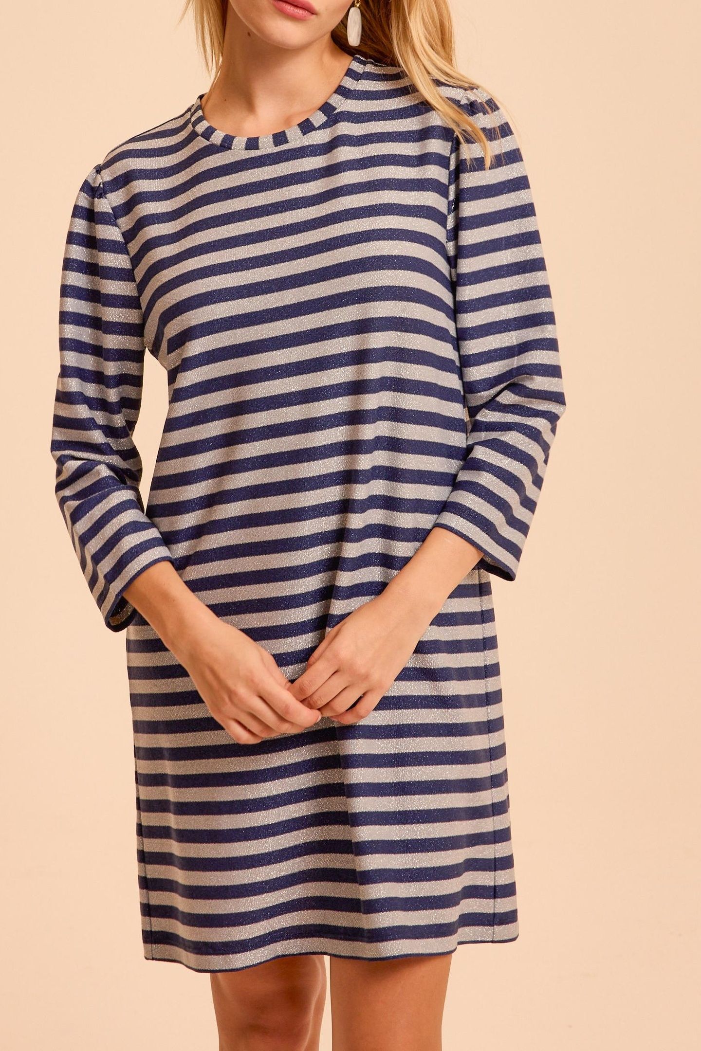 NAVY DRESS WITH GREY LUREX STRIPES 1