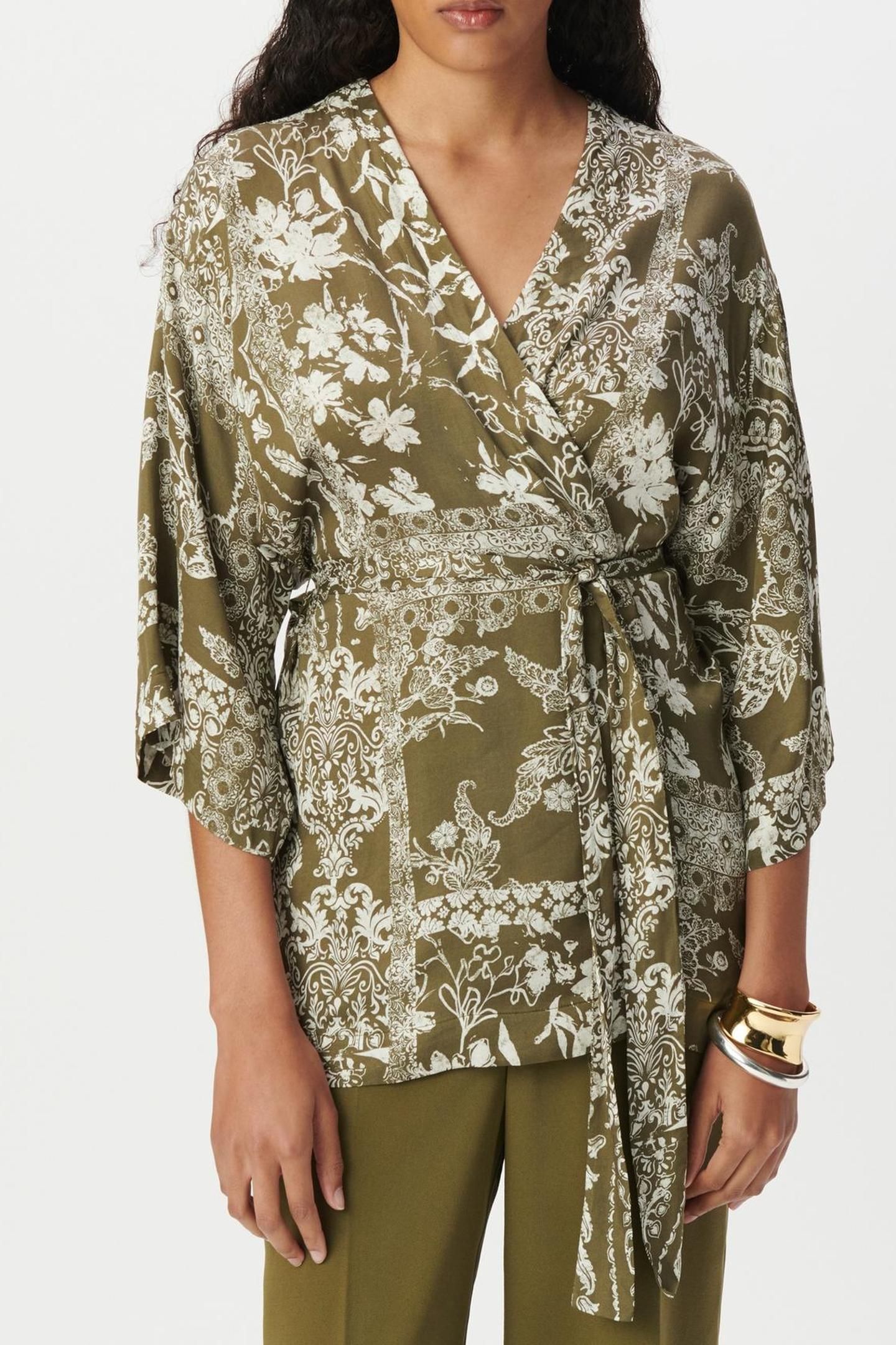 KHAKI KIMONO SHIRT WITH SCARF PRINT 1