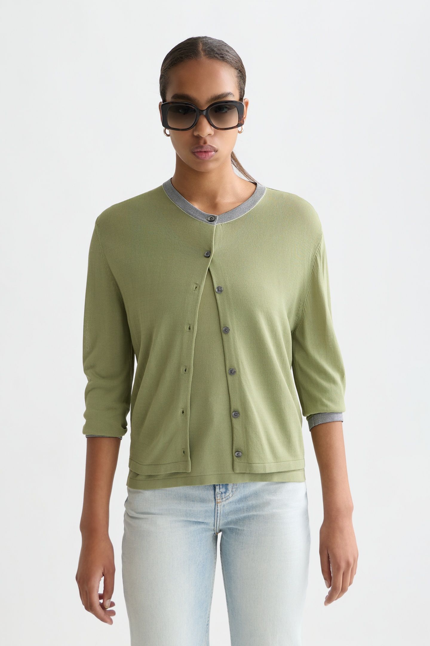 STRIPE TRIM RELAXED CARDIGAN OIL GREEN 1