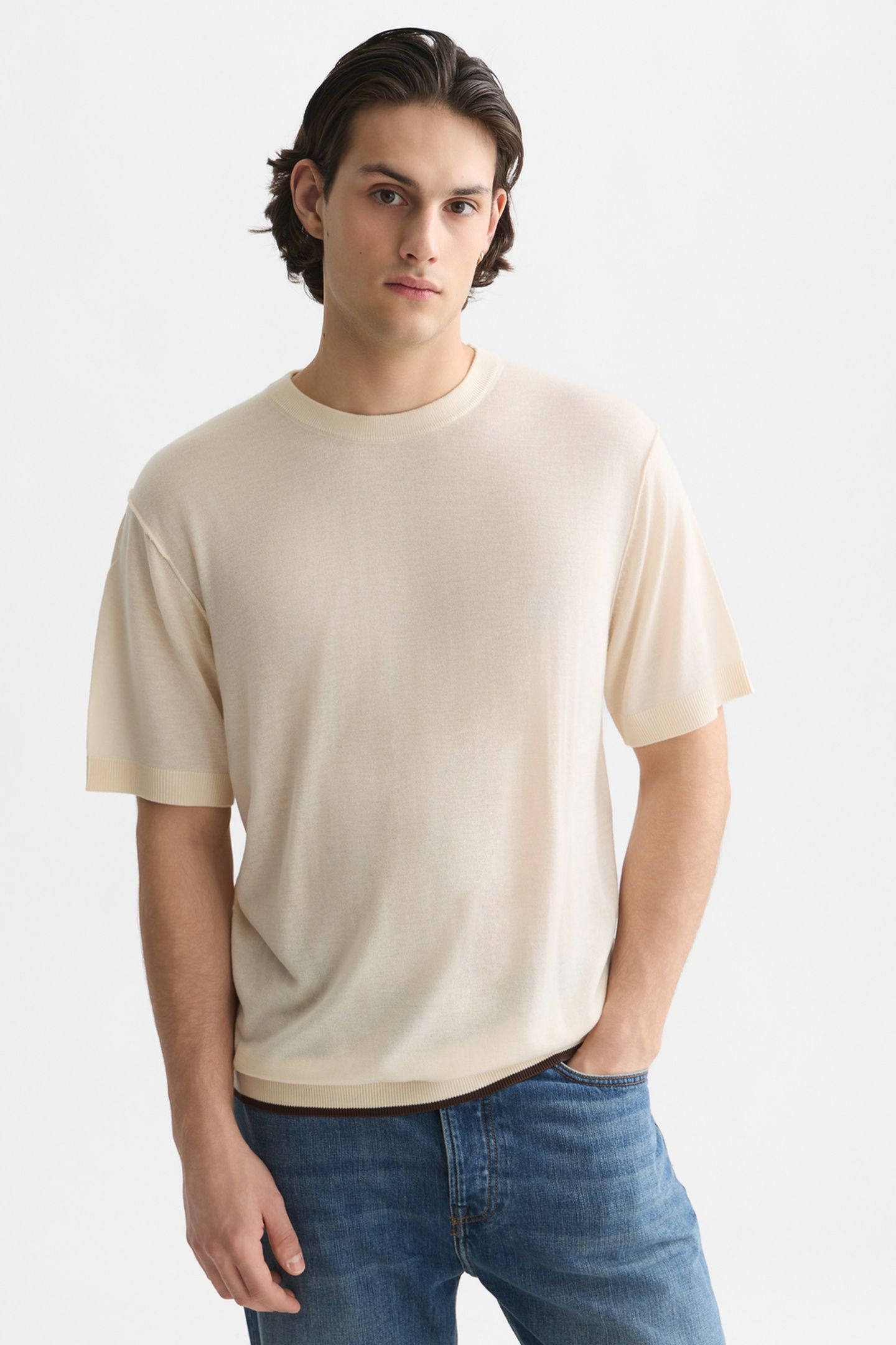 KNITTED RELAXED-FIT T-SHIRT LIGHT BEIGE 1