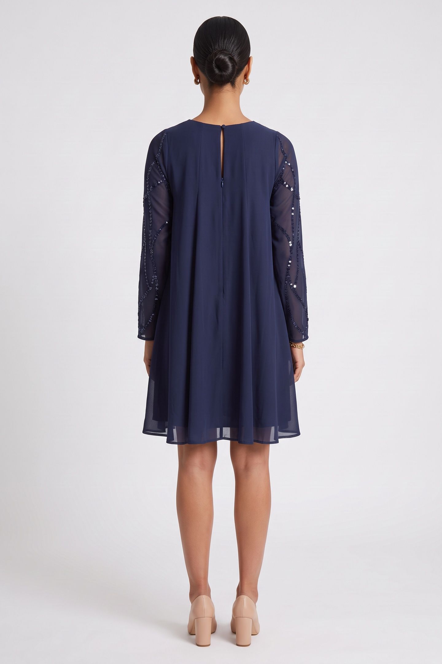 RAFFY - NAVY DRESS WITH EMBROIDERED SEQUIN SLEEVES 2