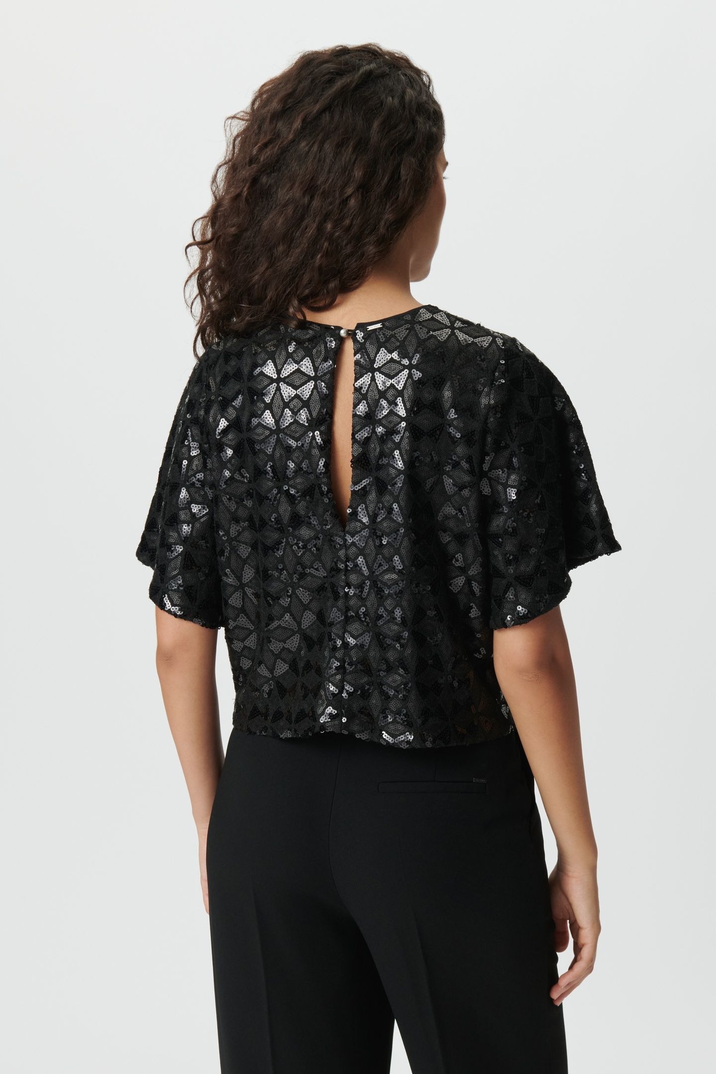 BLACK EMBROIDERED SEQUIN TOP, BUTTERFLY SLEEVES 2