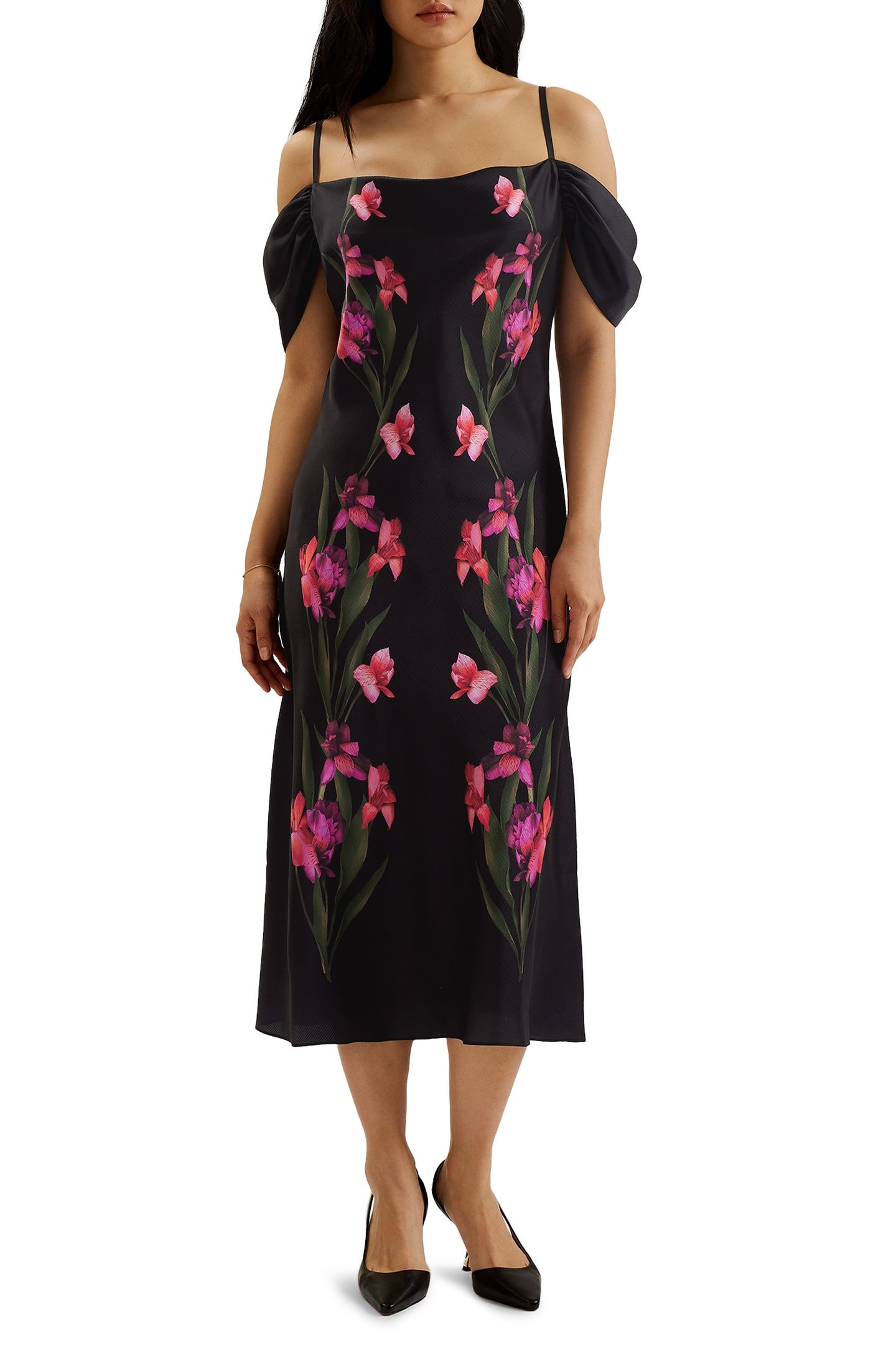 LUCERN SATIN OFF THE SHOULDER MIDI BLACK 1