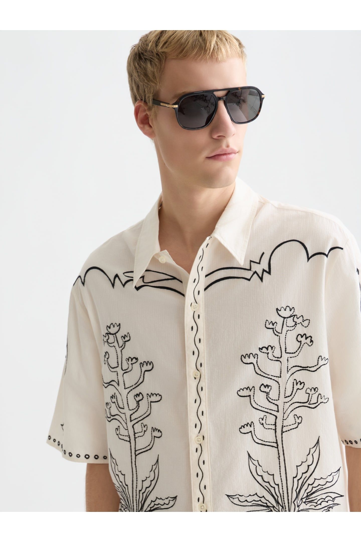 EMBROIDERED SEERSUCKER RELAXEDFIT SHORTSLEEVED SHIRT WHITE T 6