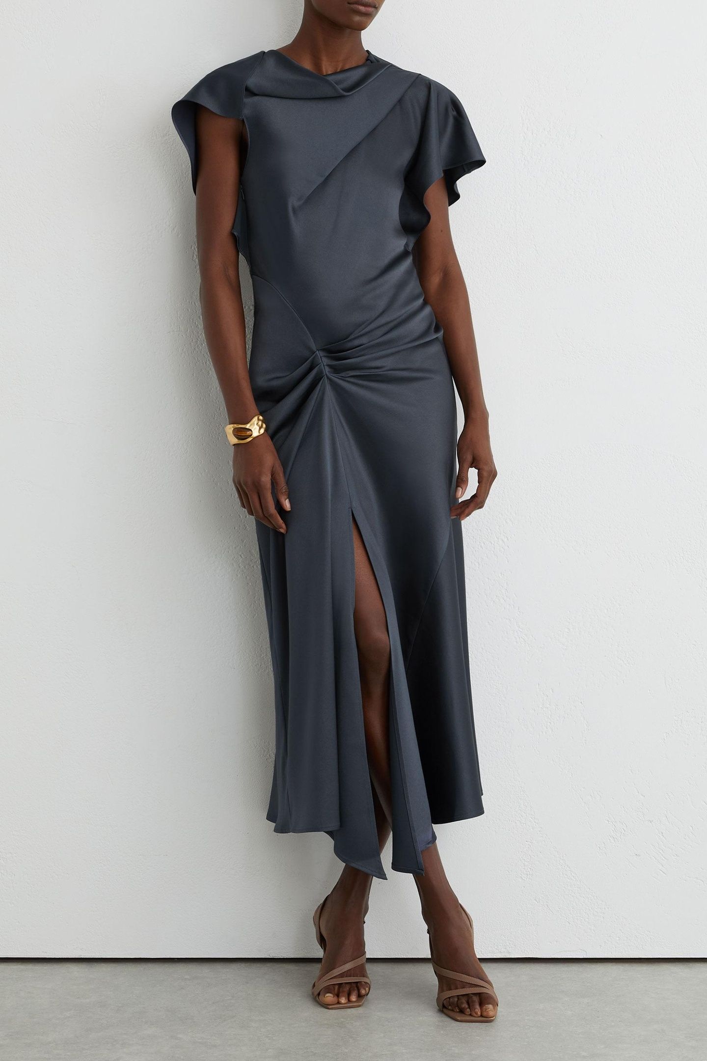 SATIN DRAPE DETAIL MIDI DRESS SLATE GREY 1