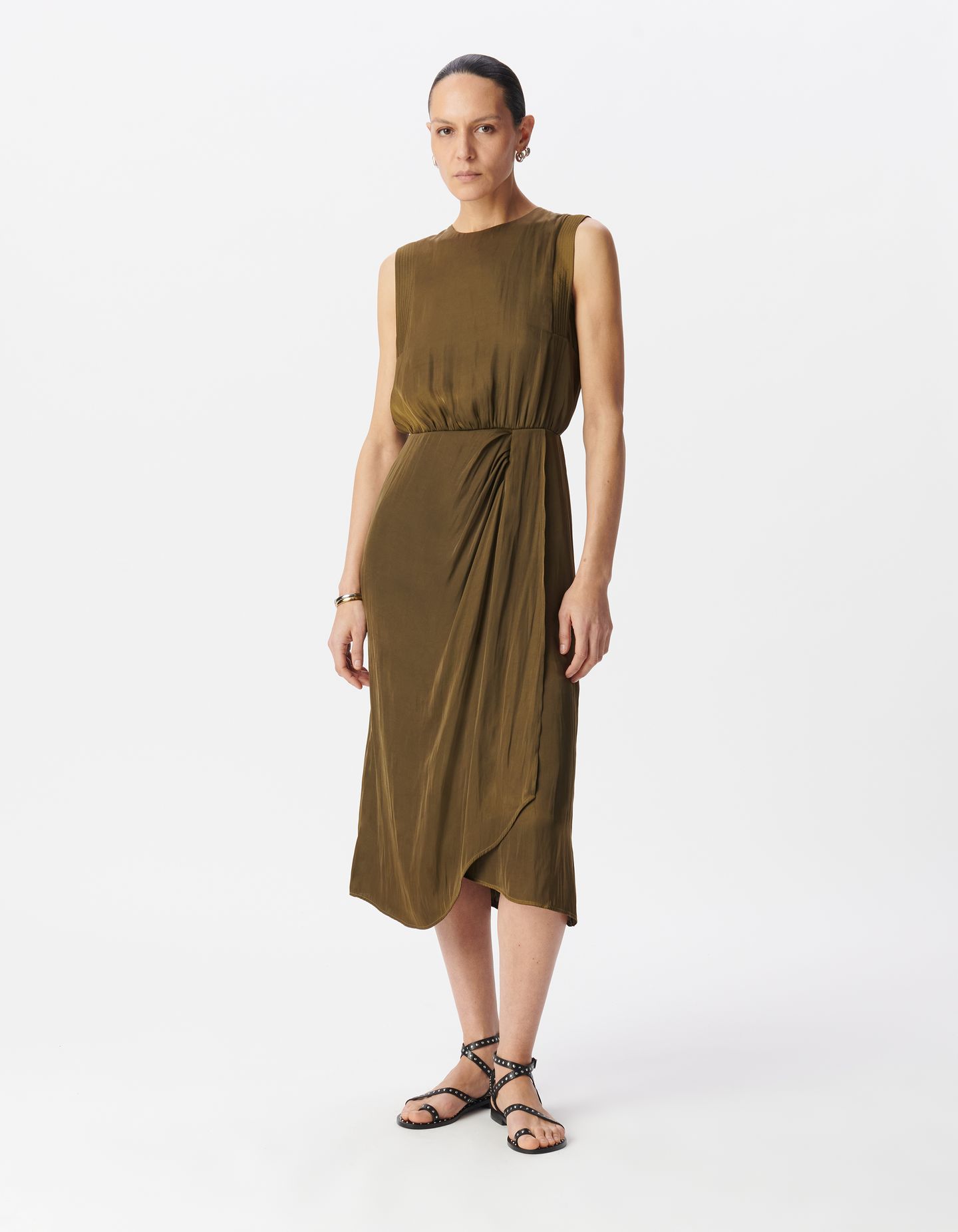 KHAKI RECYCLED POLYESTER FLOWING MIDI DRESS 1