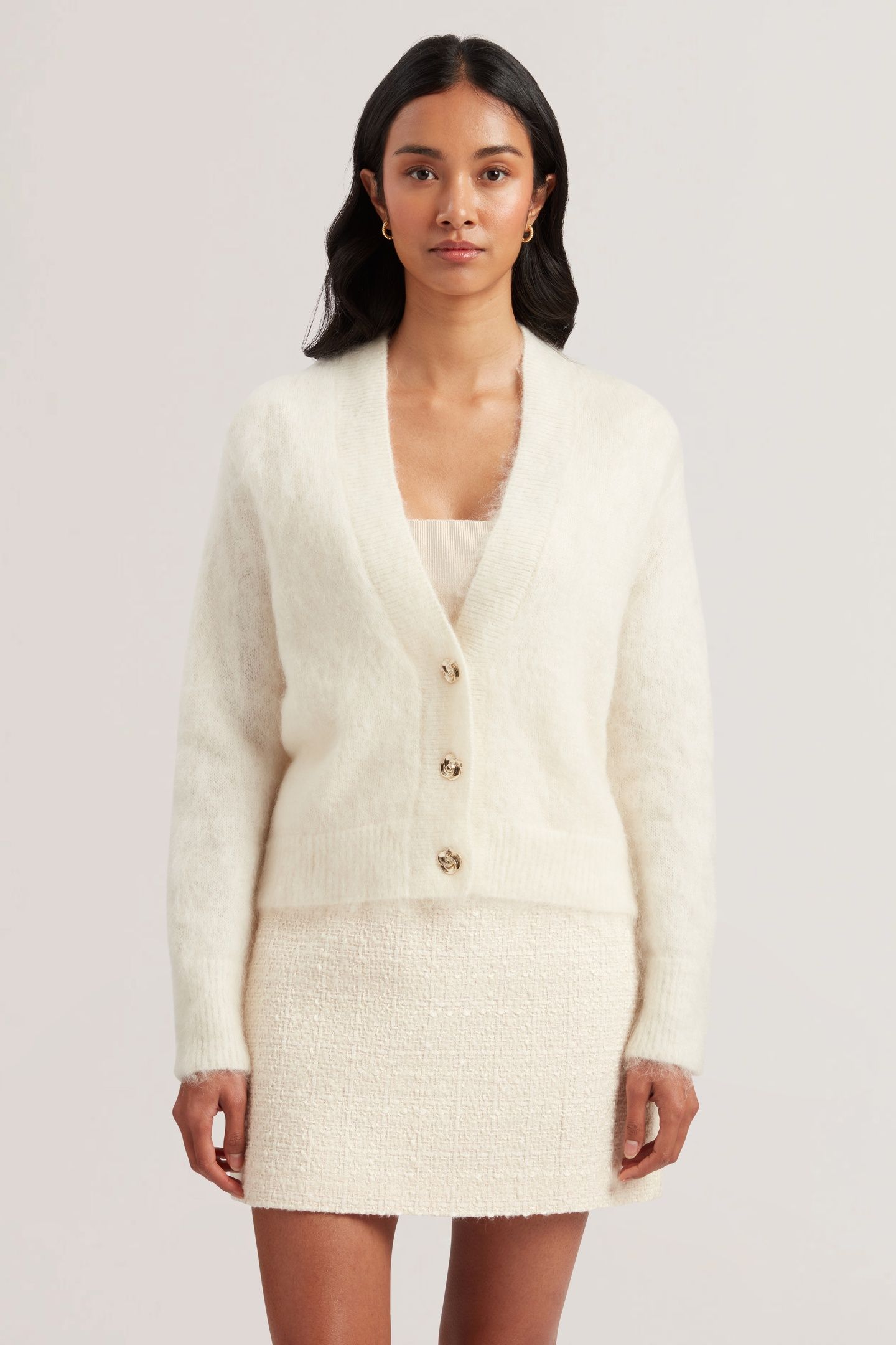 ABEYYY ROSE BUTTON V NECK CARDIGAN IVORY 1