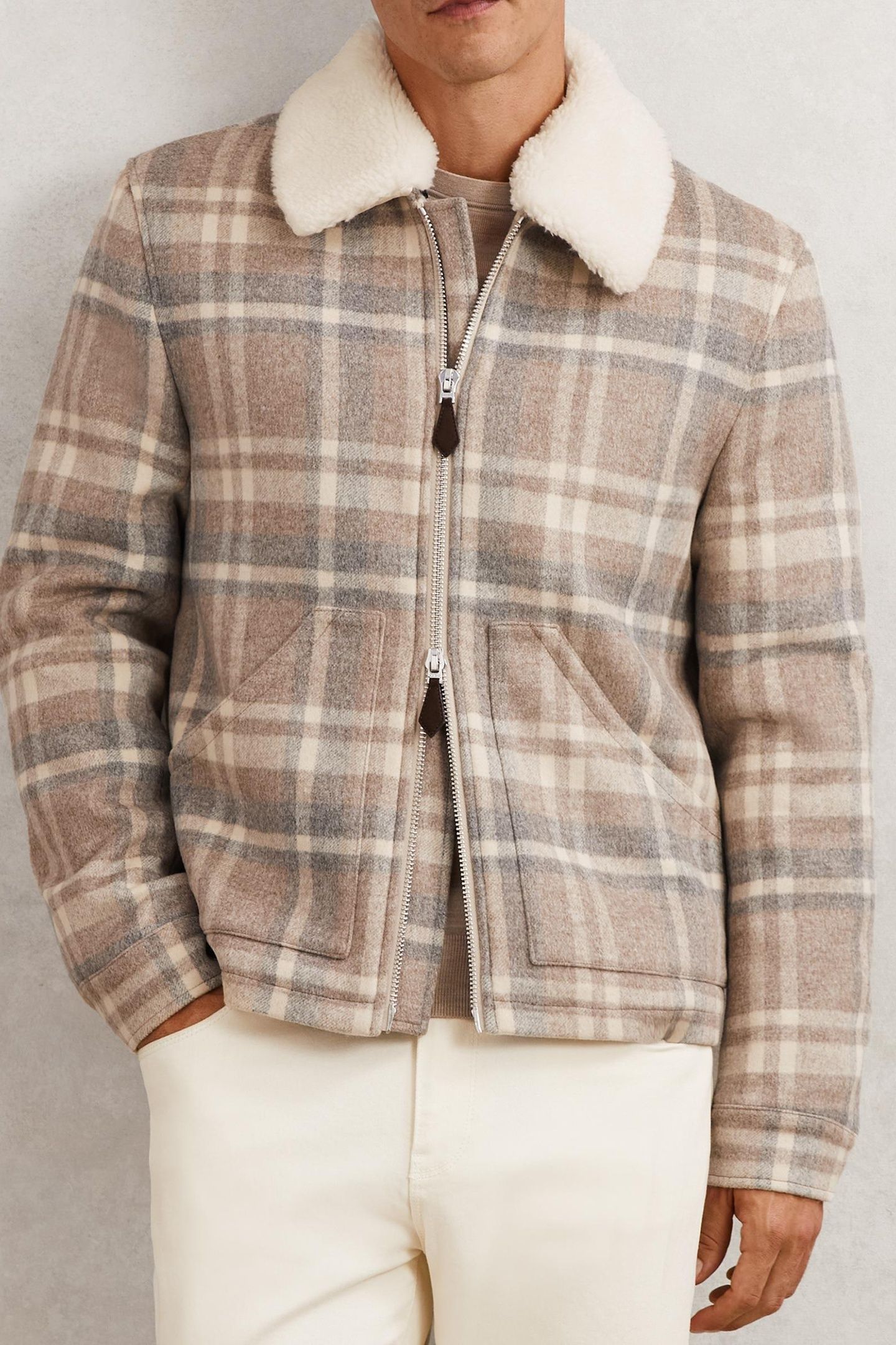 LS CHECK ZIP THROUGH BORG COLLAR JACKET OATMEAL BROWN 1