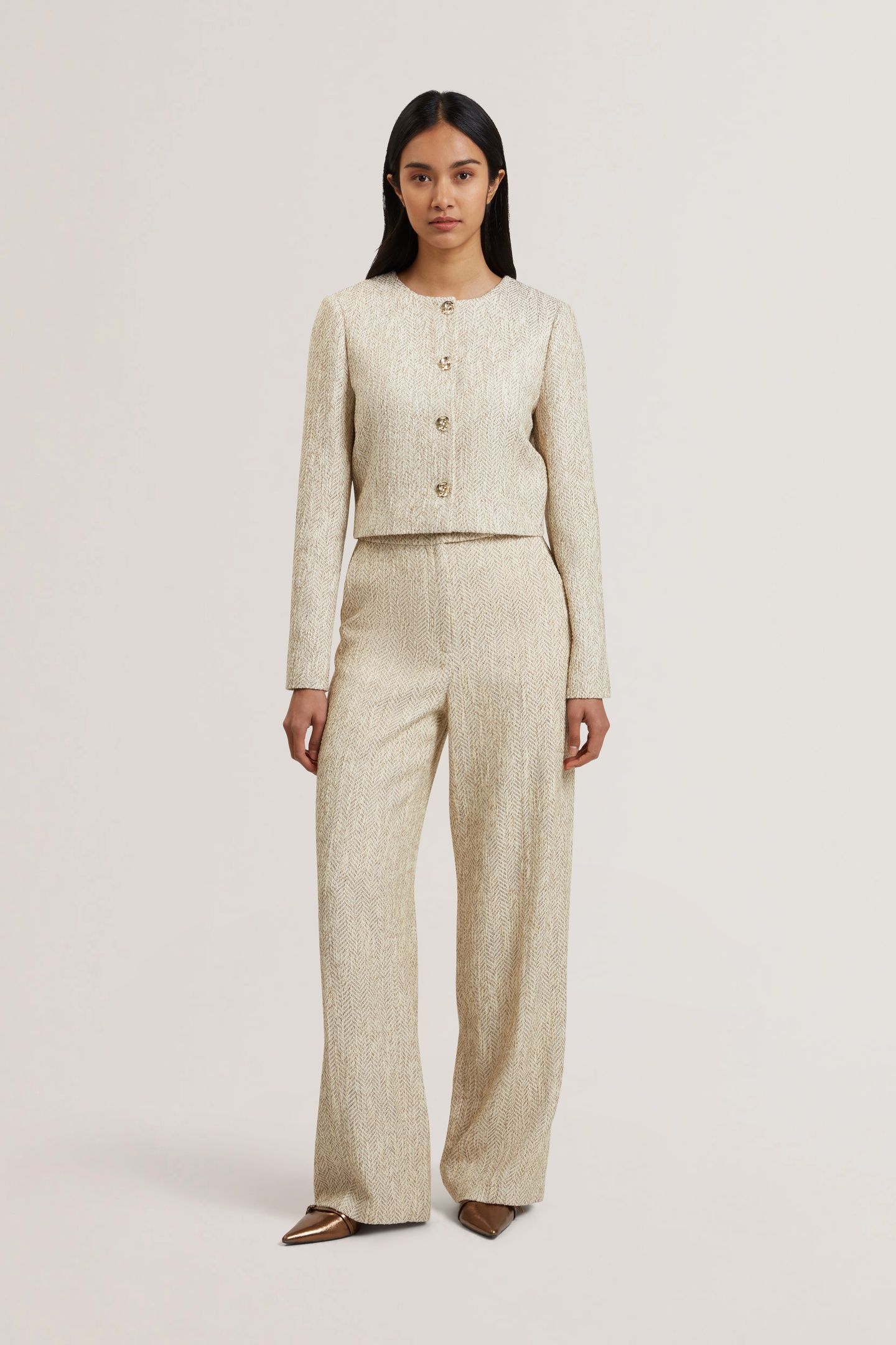VULPAT TAILORED BOUCLE WIDE LEG TROUSERS IVORY 1