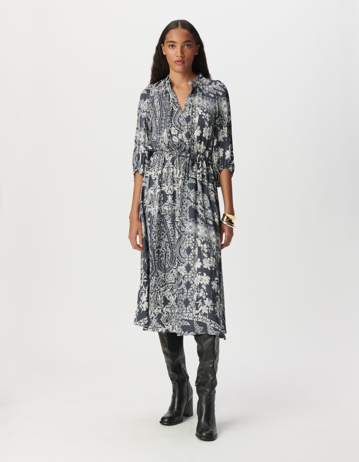 GREY BLUE SATIN LONG DRESS WITH SCARF PRINT 1