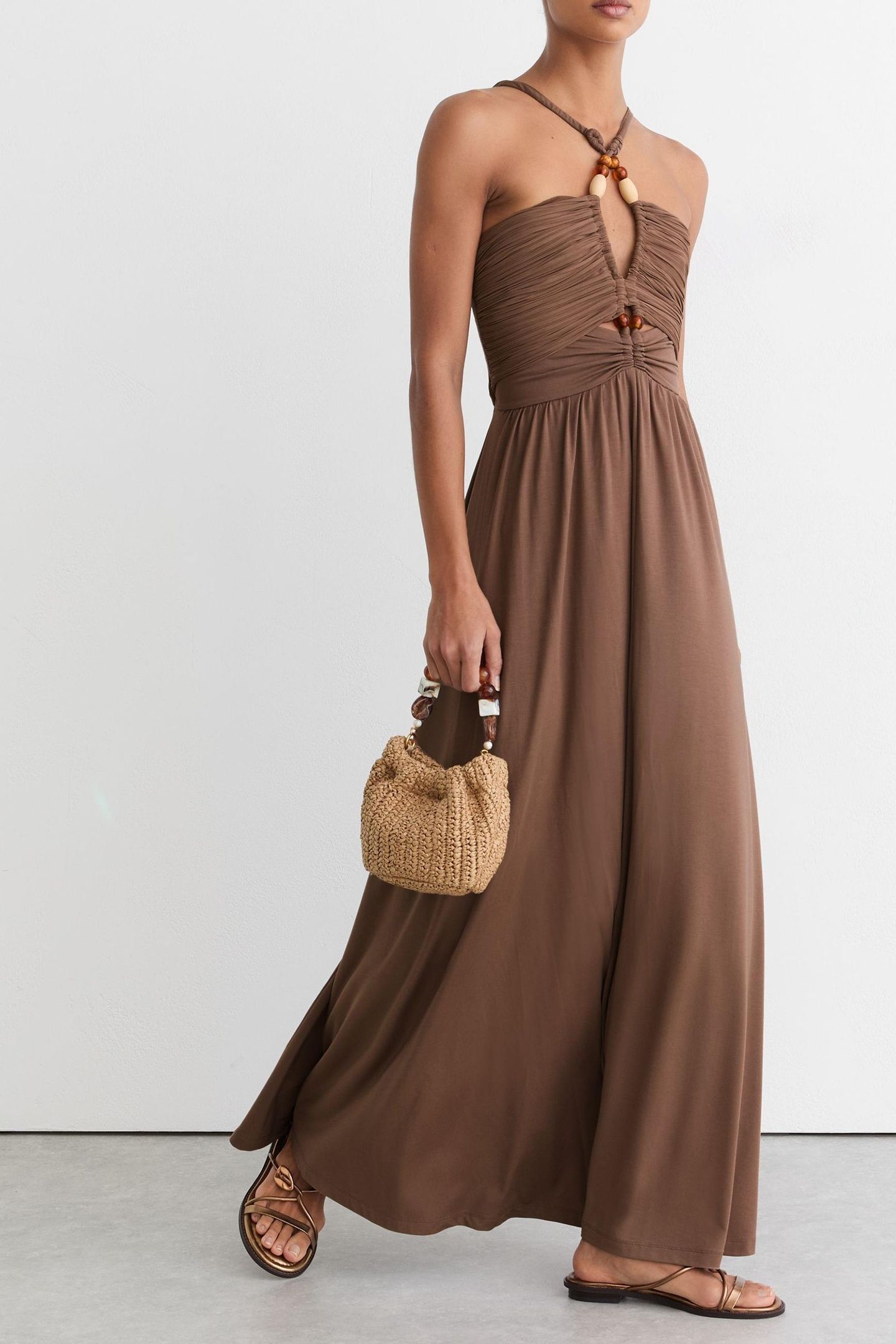 BEADED JERSEY MAXI DRESS TAUPE BROWN 3