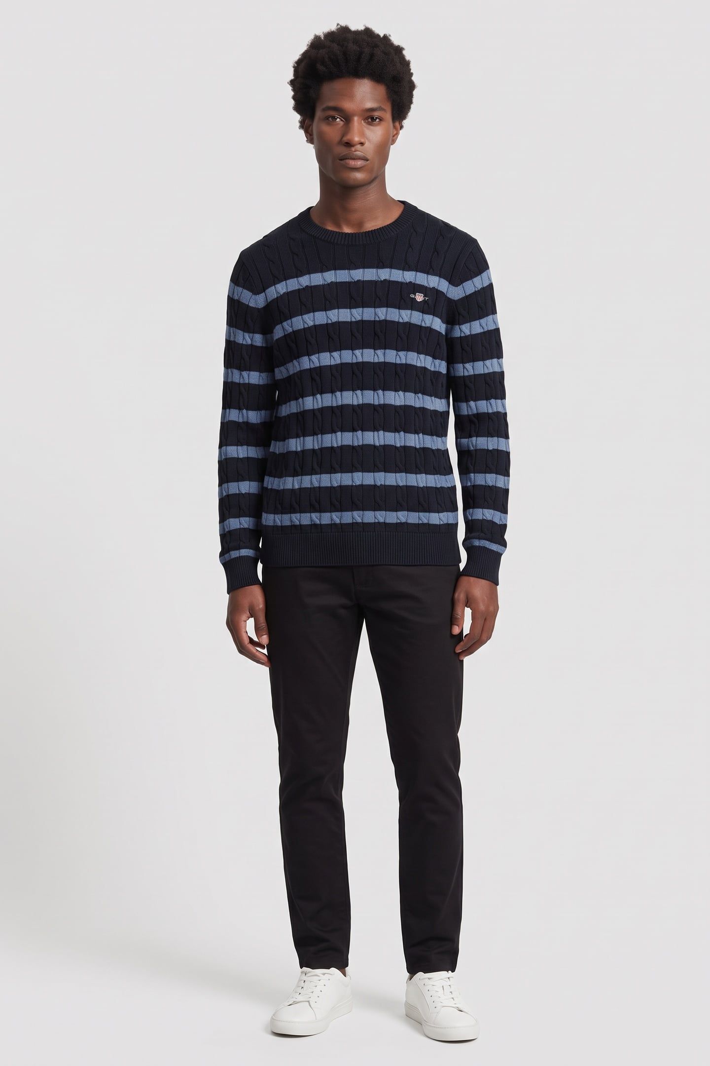 STRIPED COTTON CABLE C-NECK EVENING BLUE 1