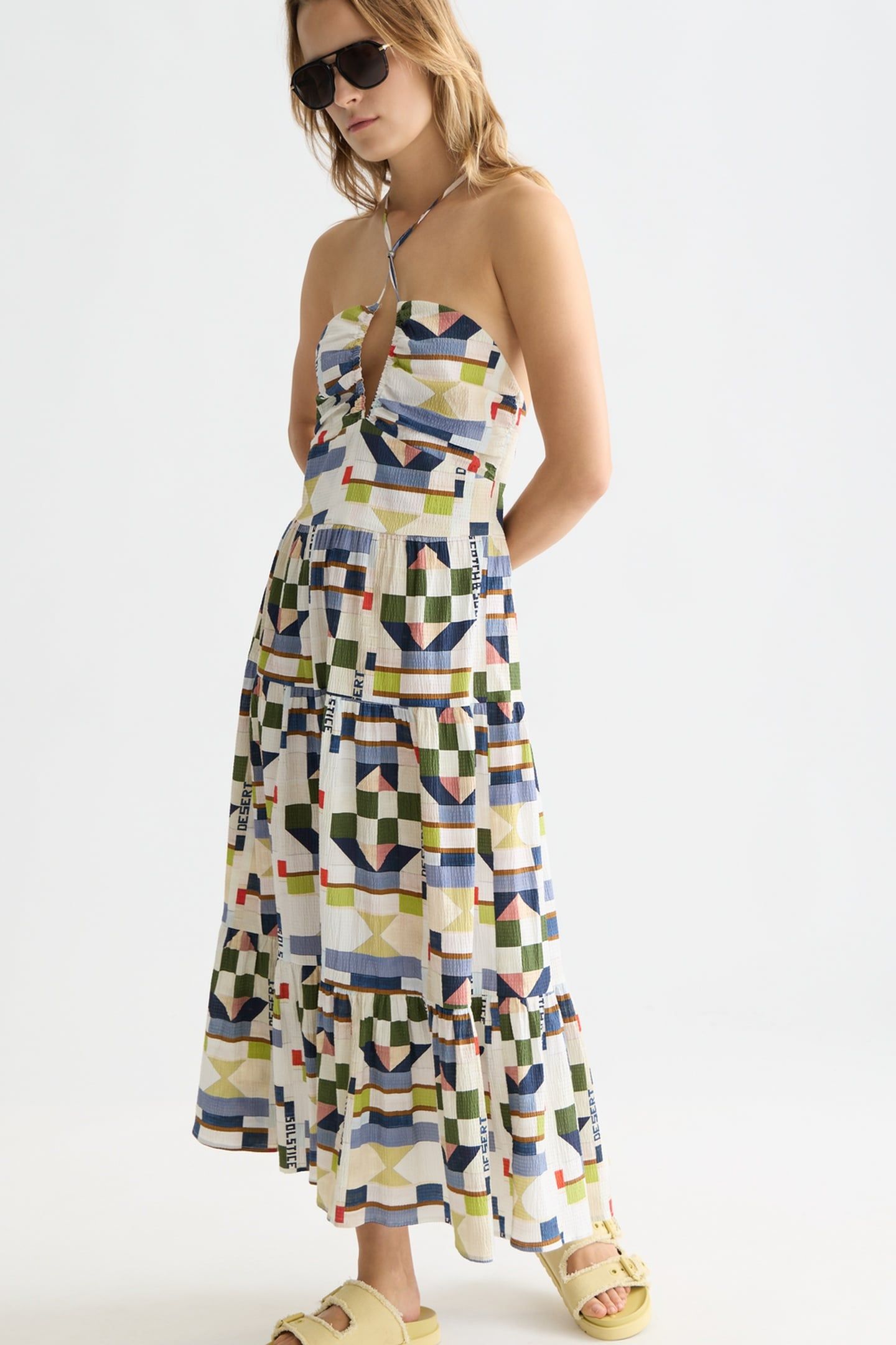 COTTON SEERSUCKER KEYHOLE HALTER MIDI DRESS PATCHWORK INFINI 3