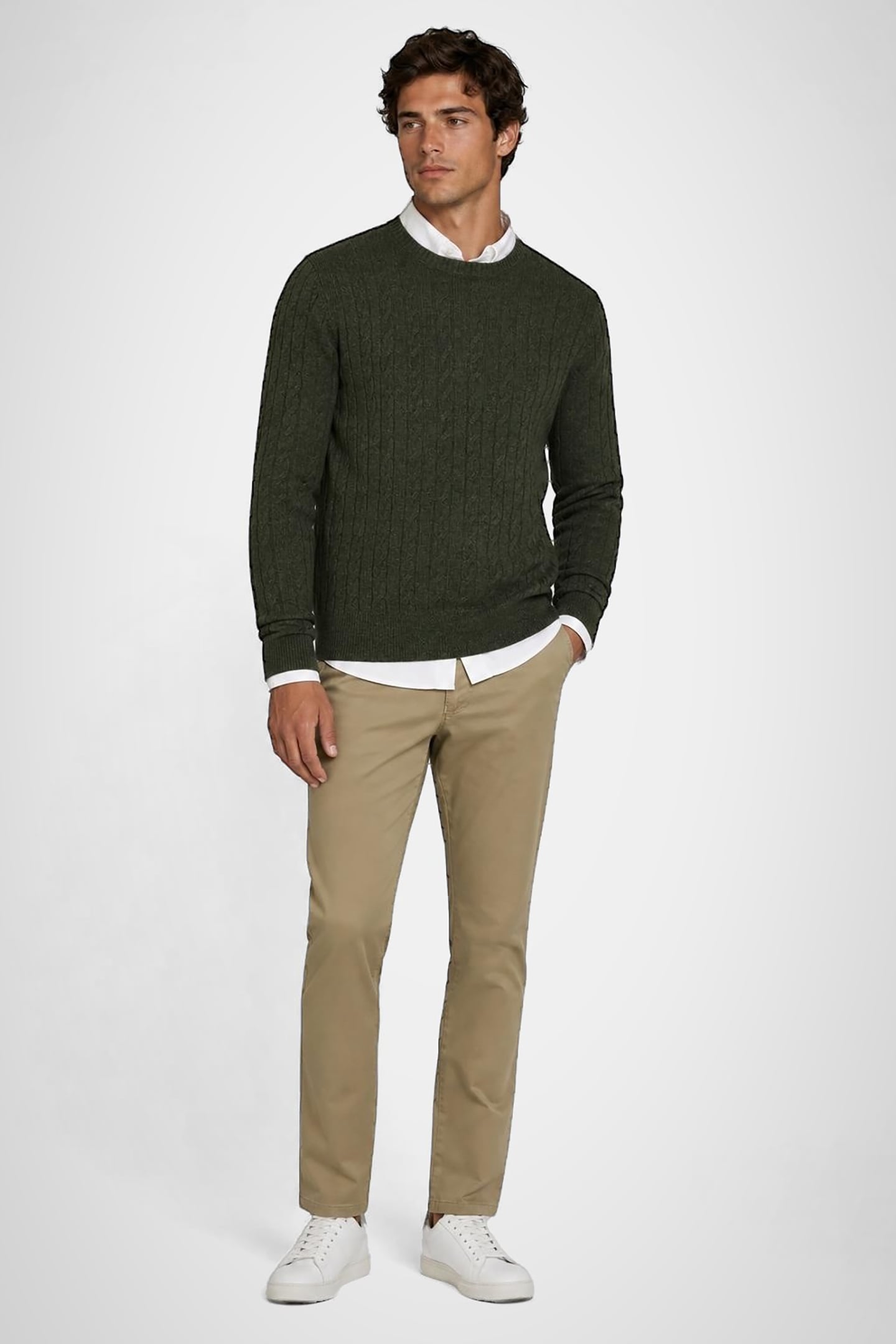 CABLE CREW NECK SWEATER DARK OLIVE 1