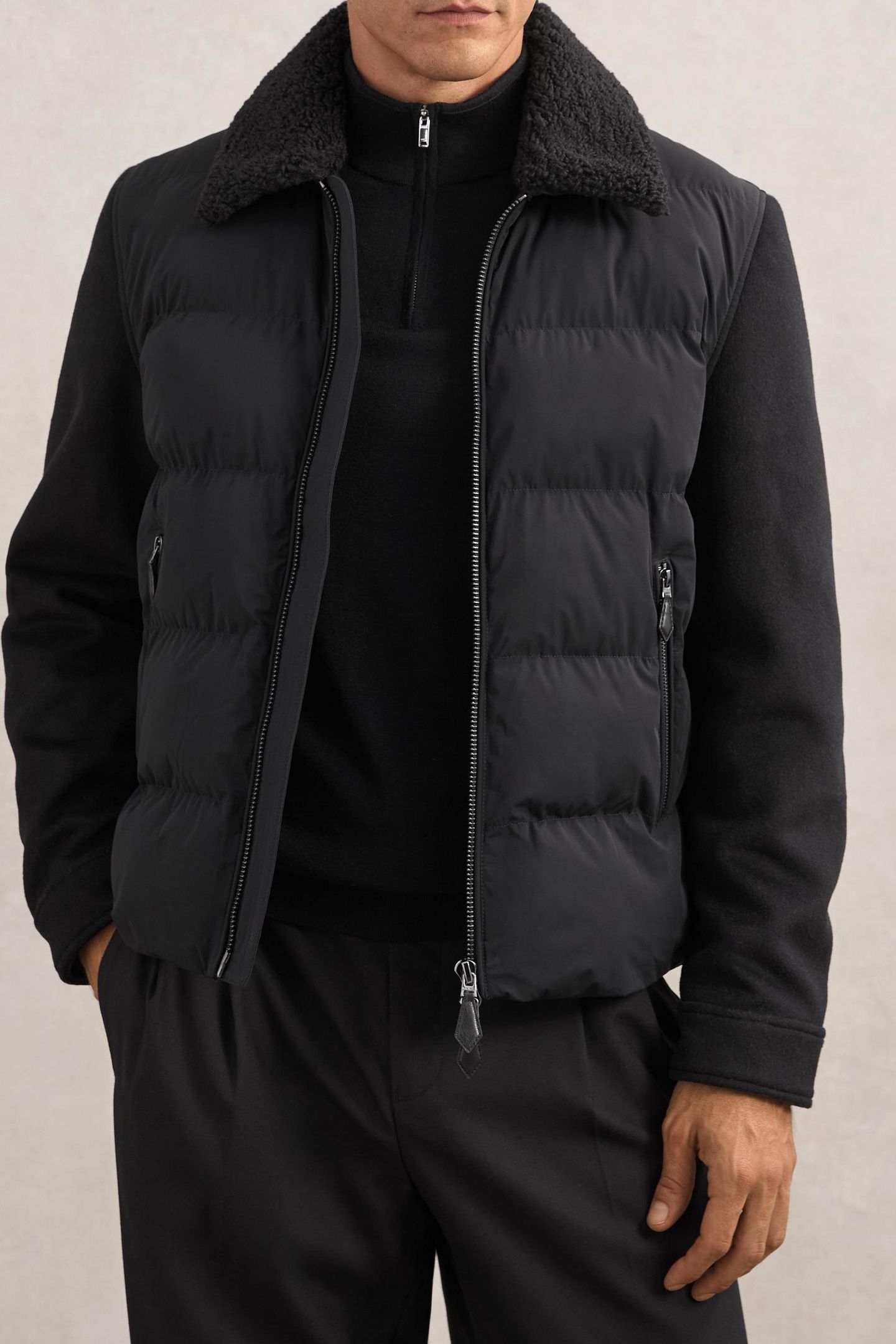 LS WOOL SLEEVE QUILTED PUFFER JACKET BLACK 2