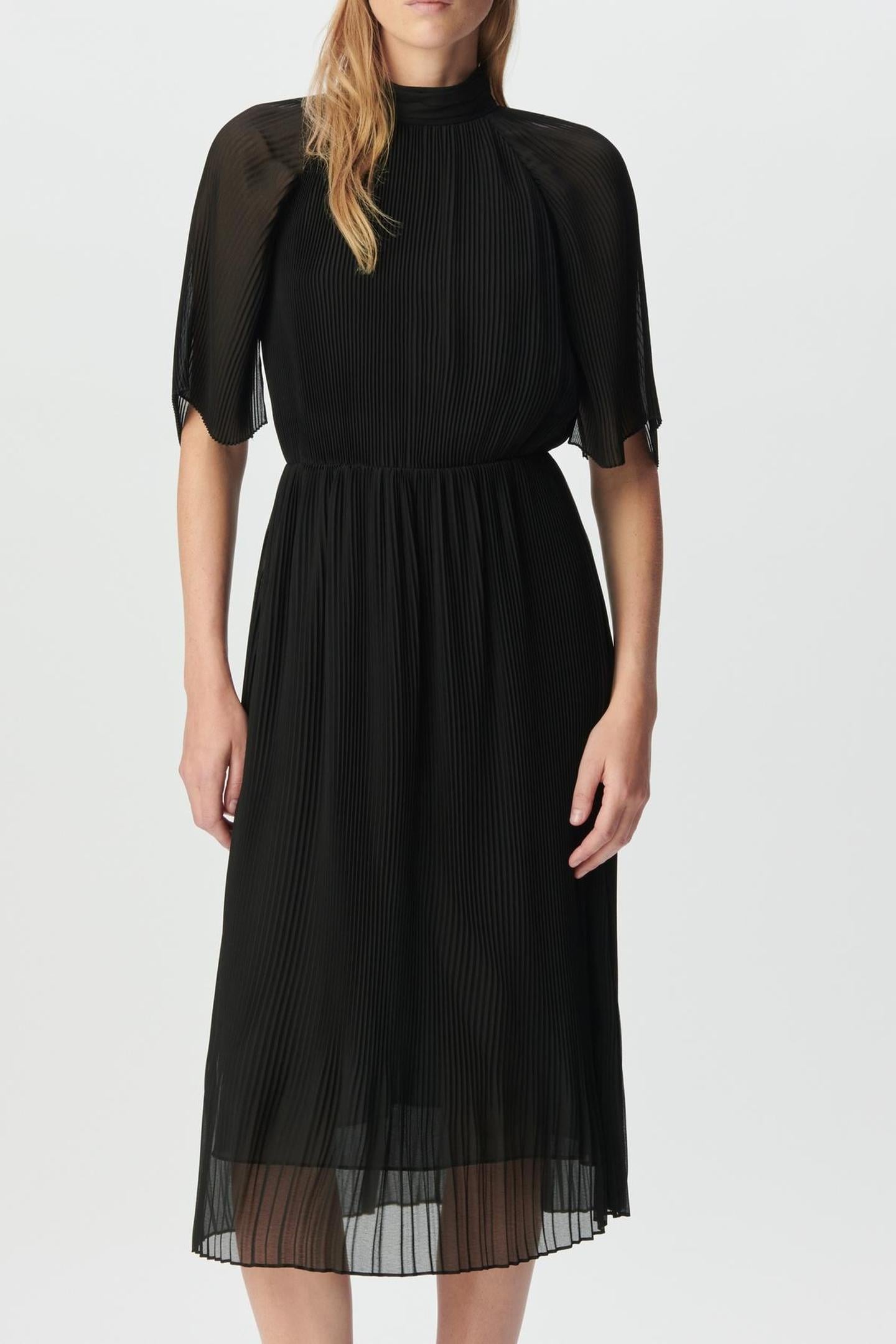 BLACK PLEATED VOILE DRESSY MIDI DRESS 1