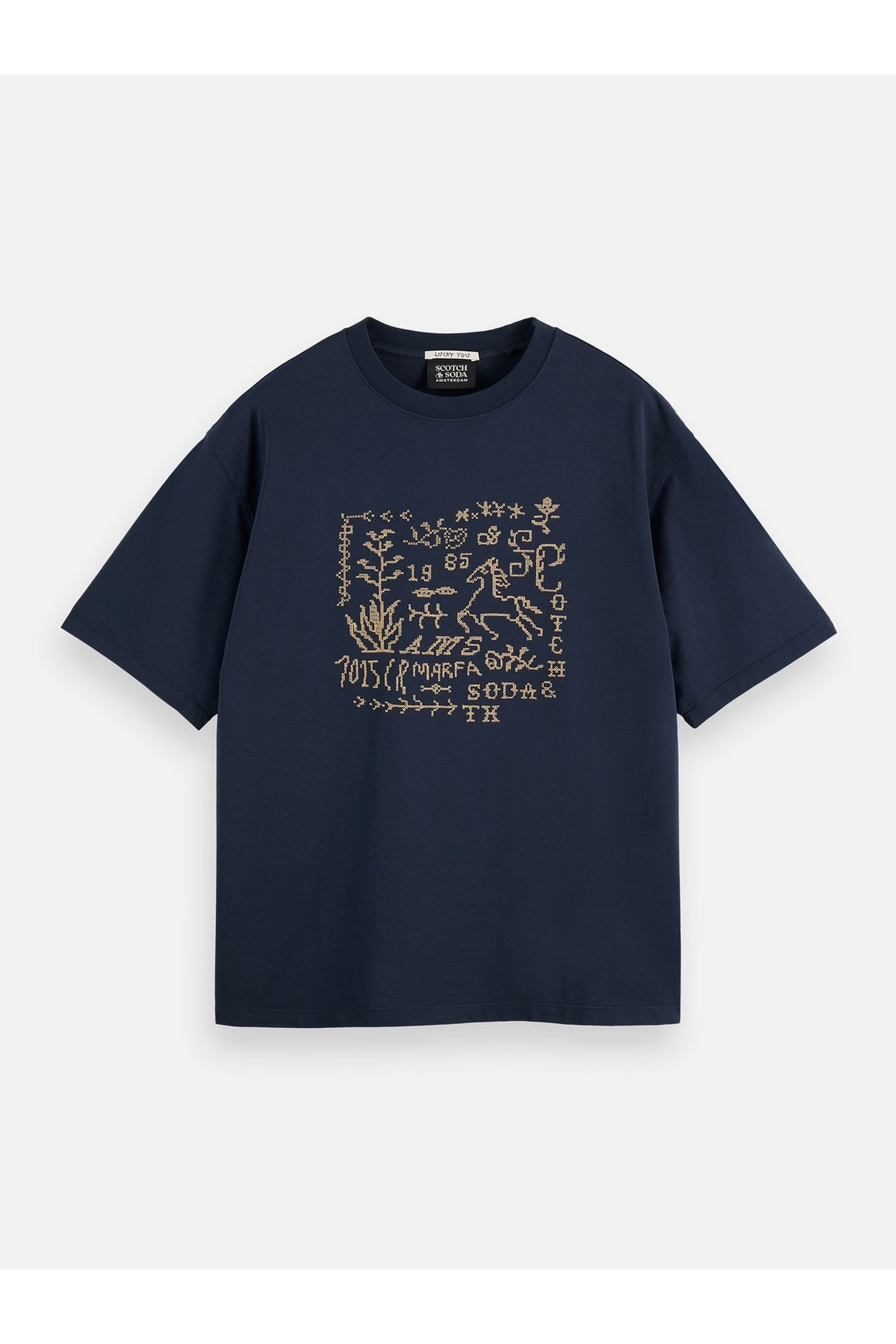 CROSS-STITCHED FRONT ARTWORK LOOSE-FIT T-SHIRT BLACK 4