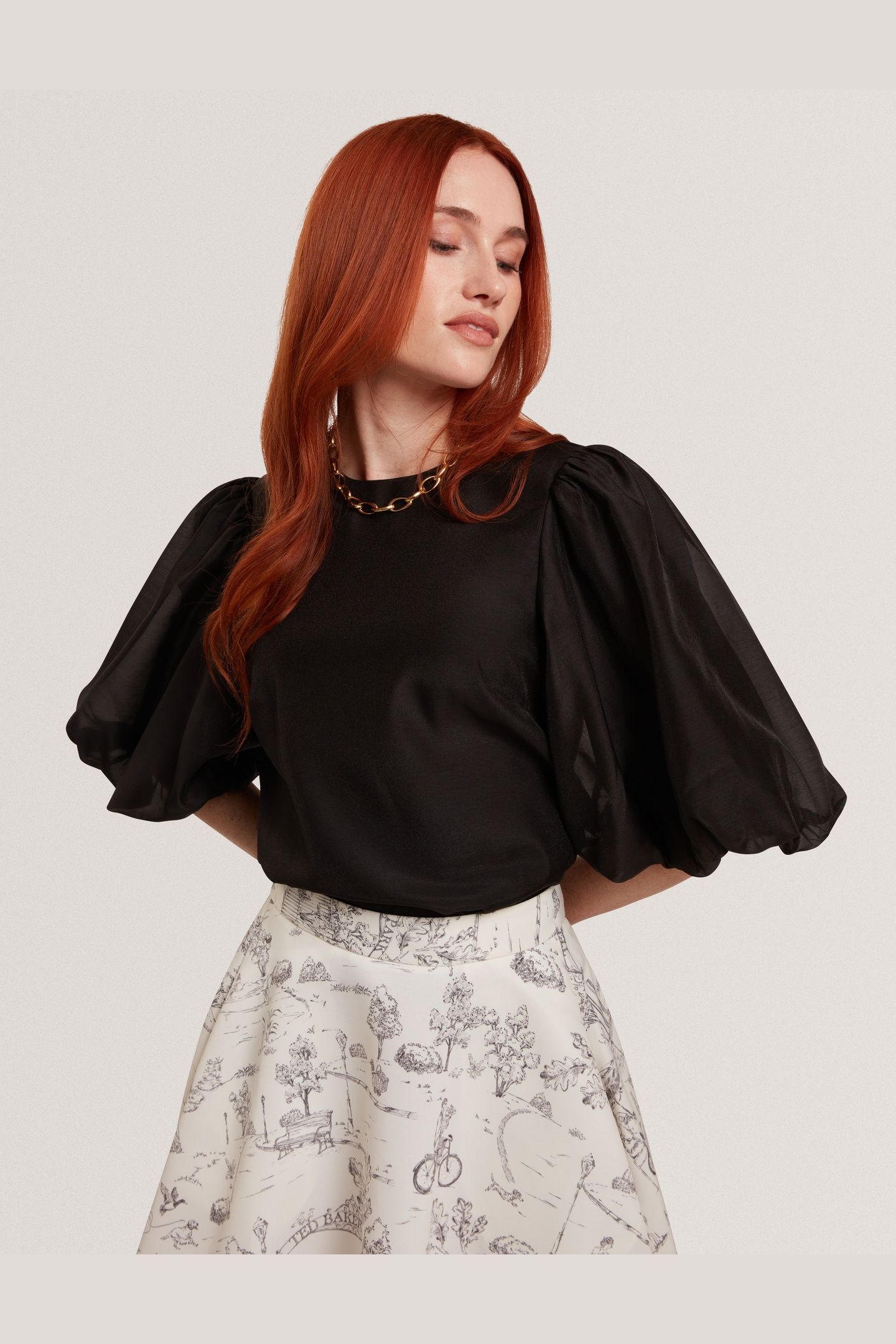 ORGANZA CREW NECK TOP WITH BALLOON SLEEVE BLACK 1