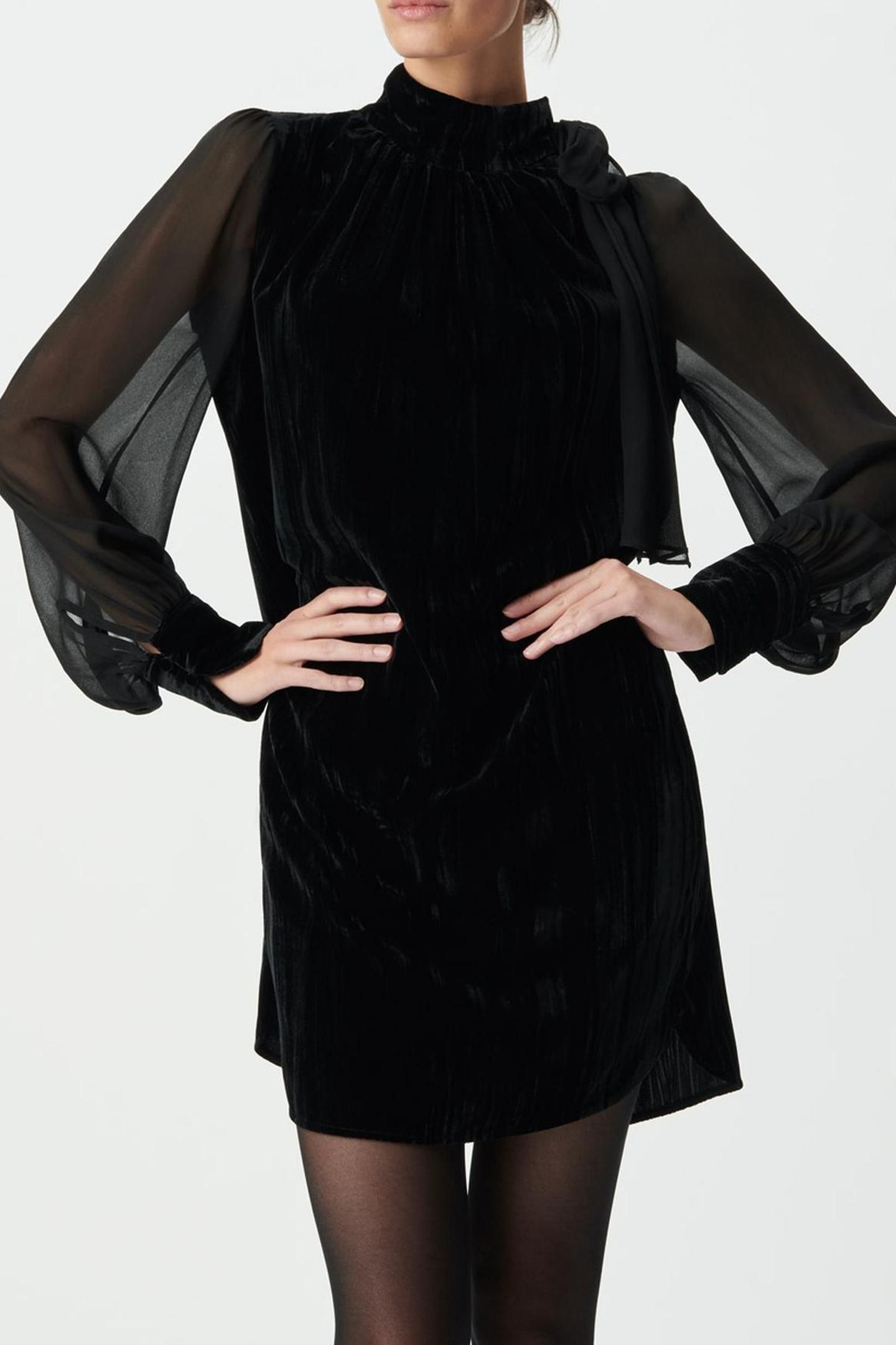 BLACK CRUSHED VELVET AND VOILE MIXED FABRIC DRESS 3