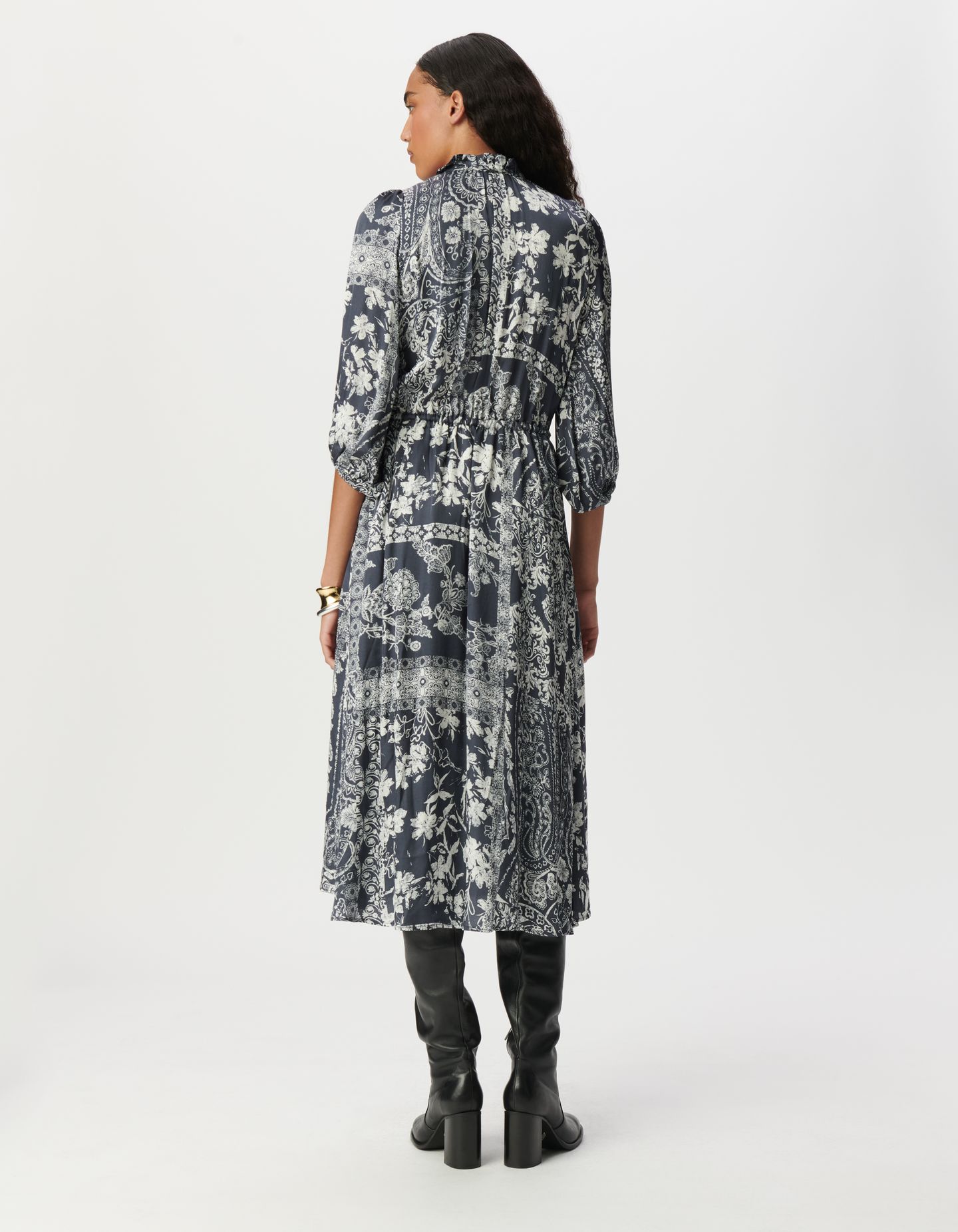 GREY BLUE SATIN LONG DRESS WITH SCARF PRINT 2