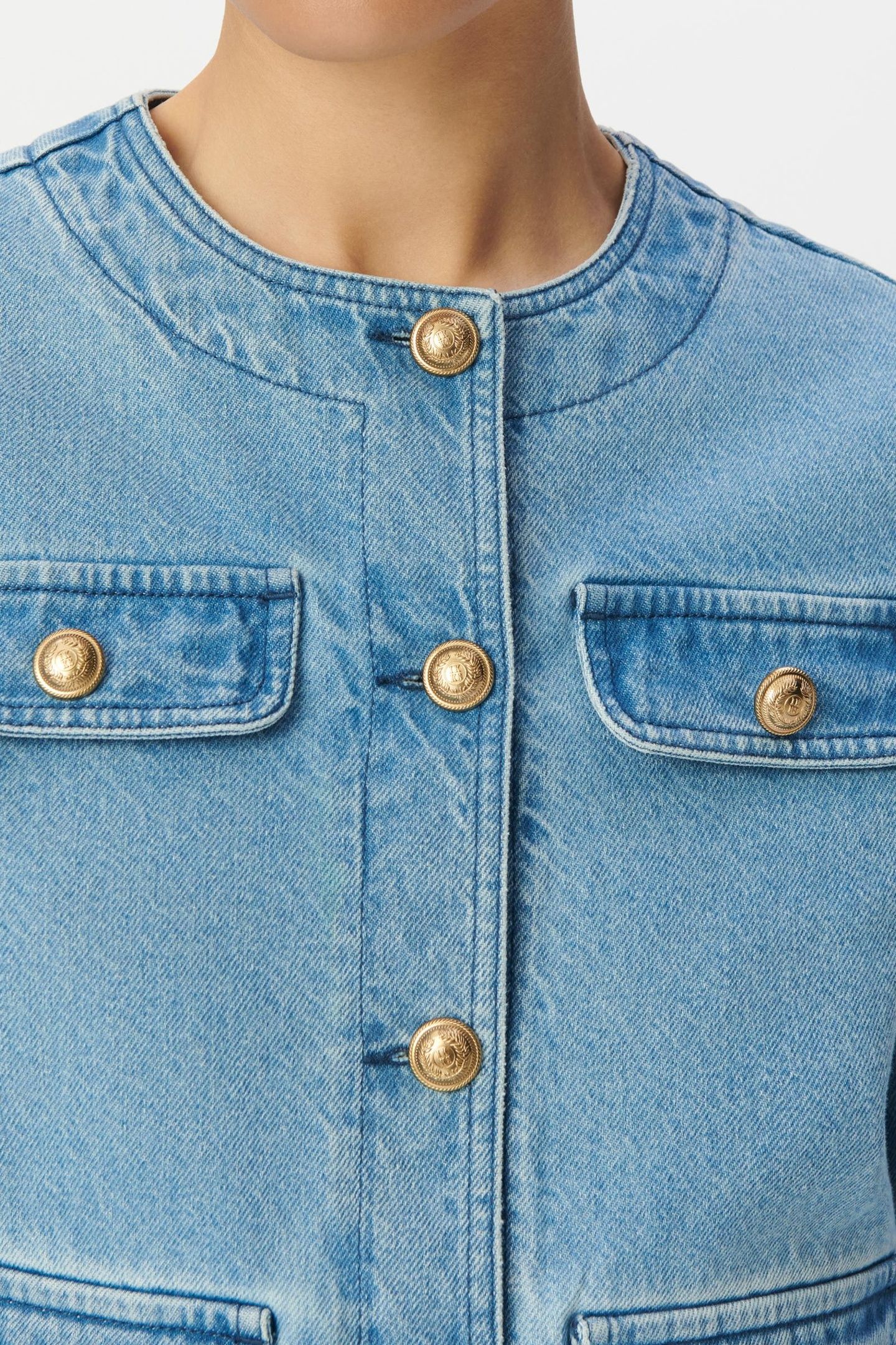 BLUE WATERLESS DENIM COLLARLESS JACKET 5