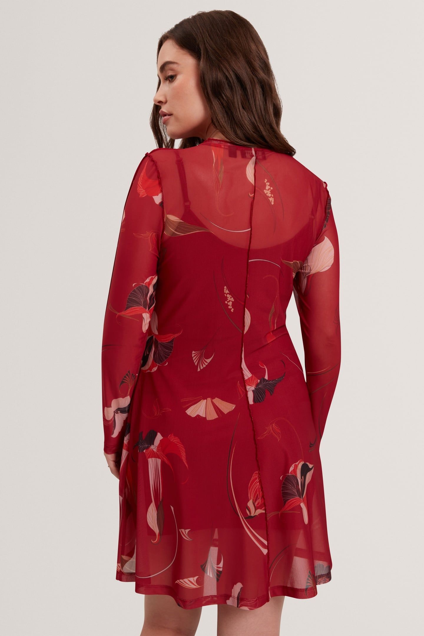 MESH LONG SLEEVE PRINTED MIDI DRESS RED 2