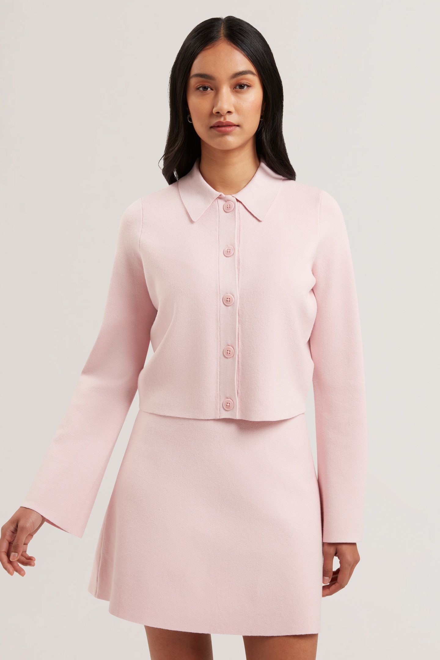 AIMLLI KNITTED JACQUARD COLLARED CARDIGAN PETAL PINK 1