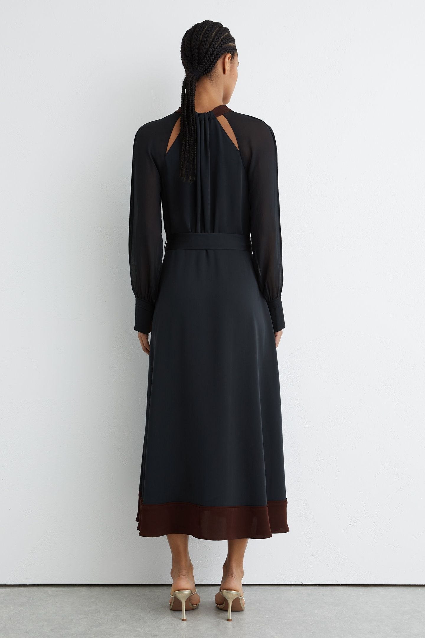 TIE NECK MIDI DRESS NAVY/BURGUNDY 2