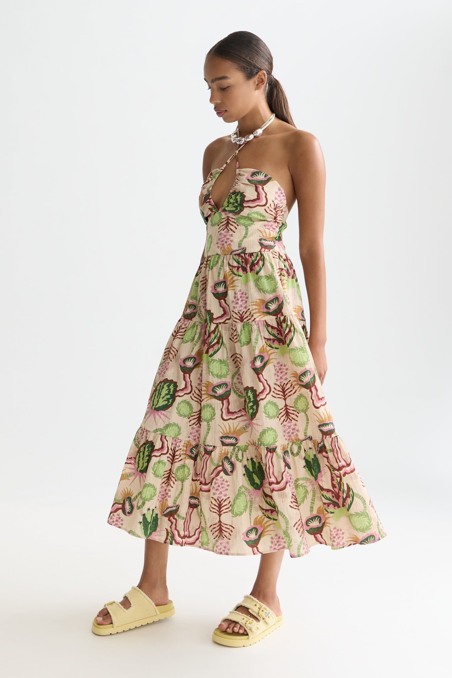 COTTON SEERSUCKER KEYHOLE HALTER MIDI DRESS DESERT FLORAL CA 6