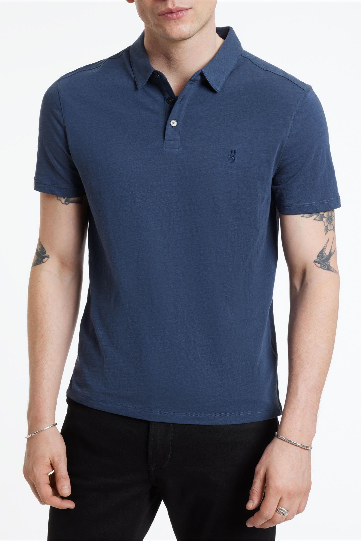 VICTOR SS SLUB COTTON POLO W PEACE SIGN EMBROIDERY OILED BLU 1