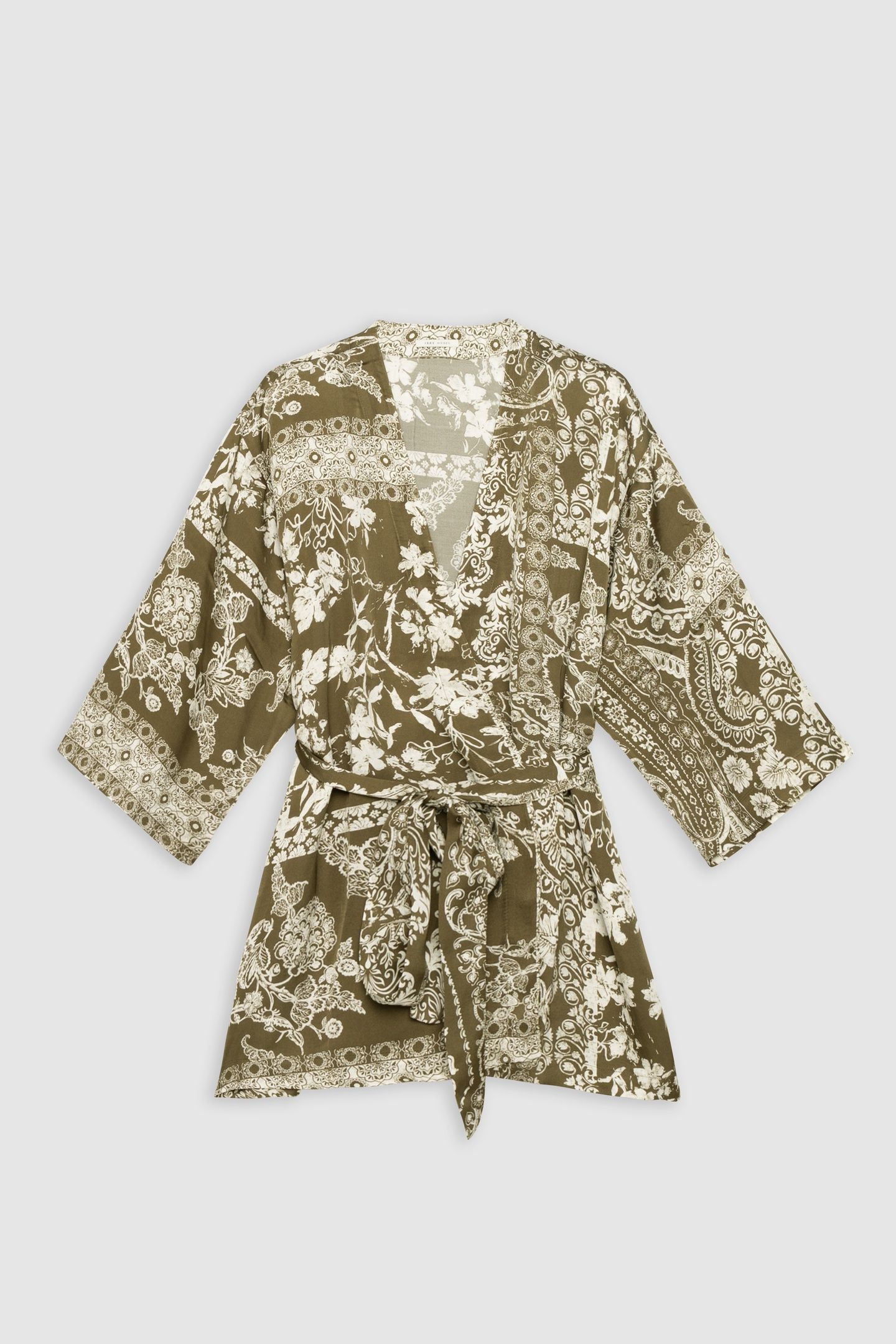 KHAKI KIMONO SHIRT WITH SCARF PRINT 4